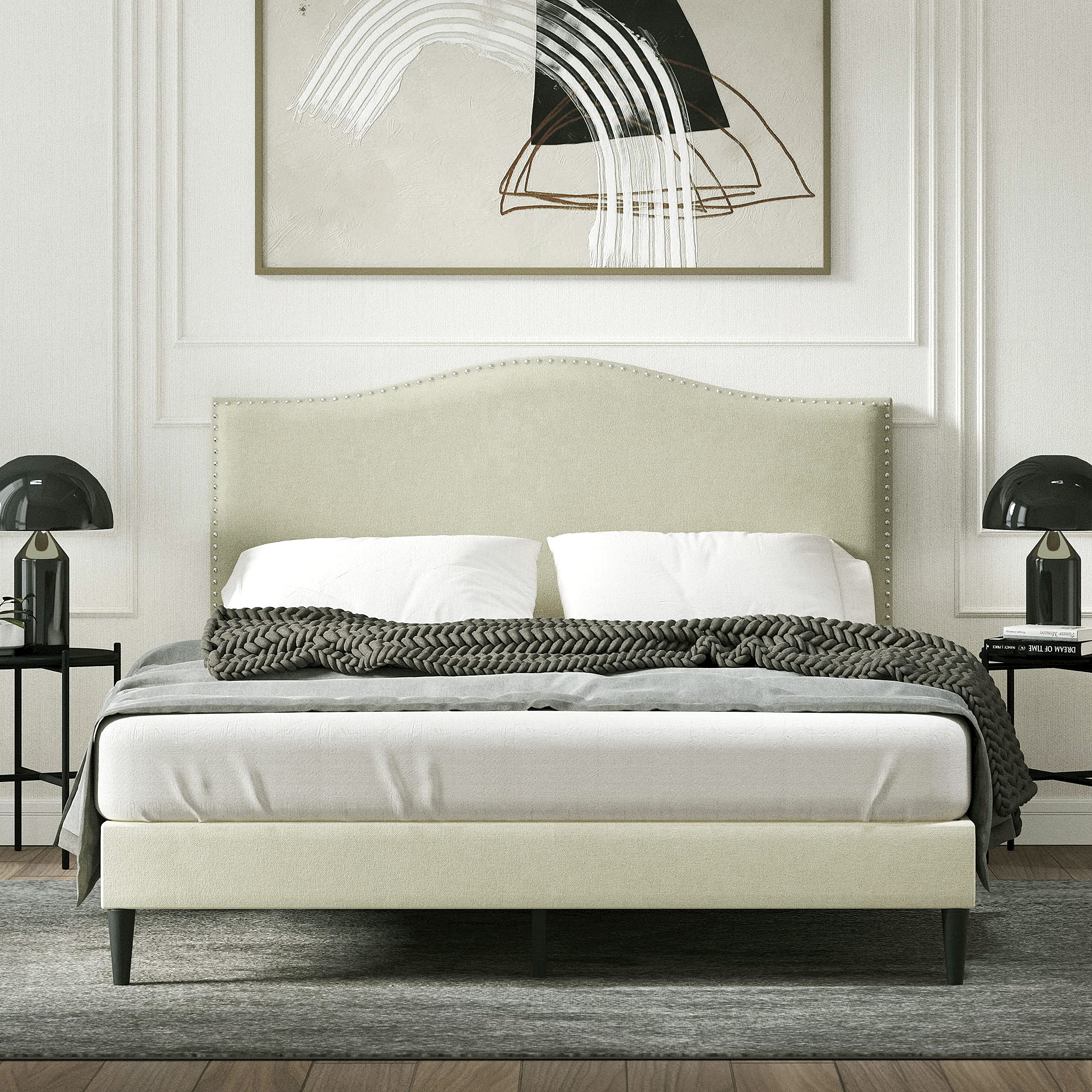 Kameli Upholstered Platform Bed Frame with Nailhead Trim - Queen Size Camelback Design - No Box Spring Needed - Easy Assembly Mattress Foundation in Beige - Perfect for Master Bedrooms & Guest Rooms