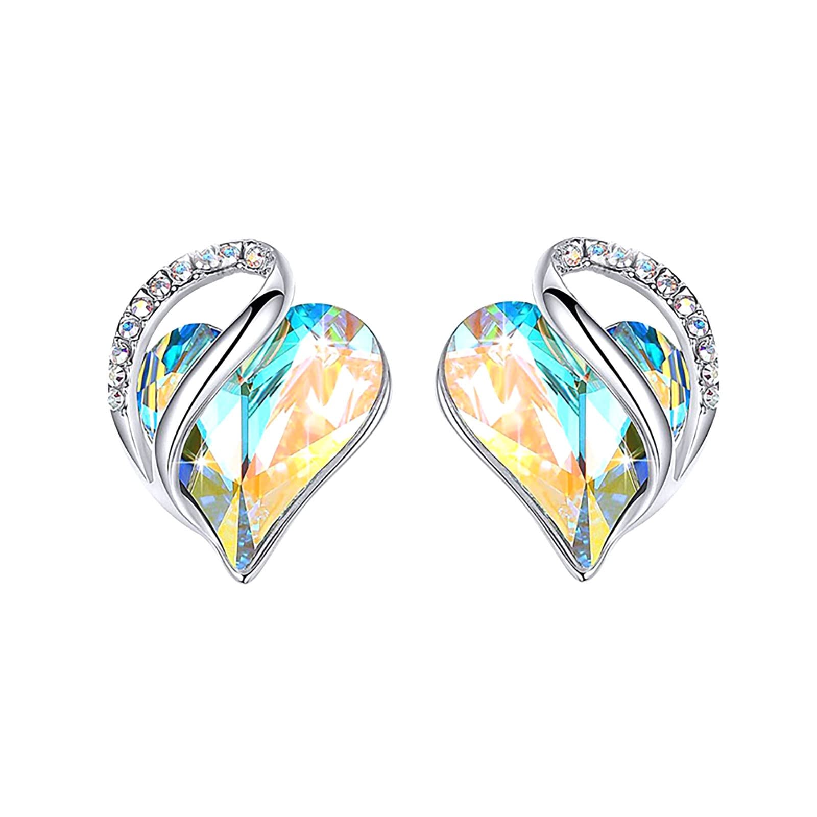 WujiJia 12-Color Heart Crystal Stud Earrings for Women - Silver Tone Fashion Jewelry, Elegant Gift for Her, Perfect for Valentine's Day, Anniversary & Party Accessories