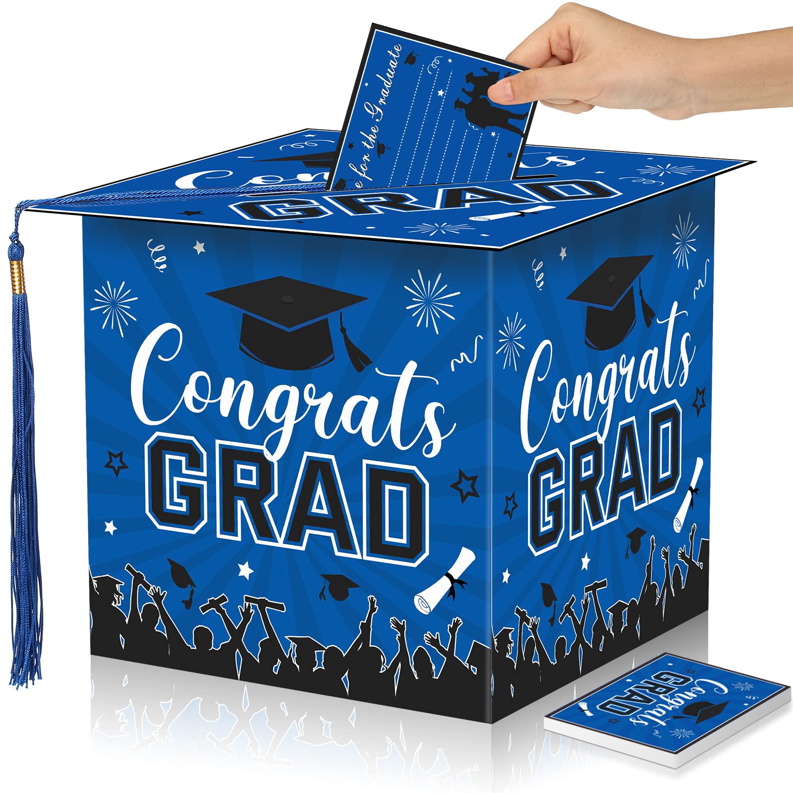 Yisong 2025 Graduation Card Box with 30 Advice Wishes Cards - Congrats Grad Cap Keepsake Box with Real Tassel - Perfect for Class of 2025 Graduation Party Decorations & Gift Giving (Blue)