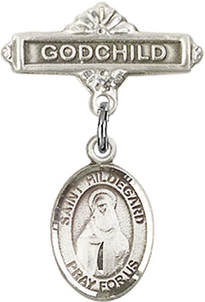 Sterling Silver Baby Badge with St. Hildegard Von Bingen Charm & Godchild Pin - Handmade in USA - Perfect for Christening Gifts, Baptism Jewelry & Baby Blessings