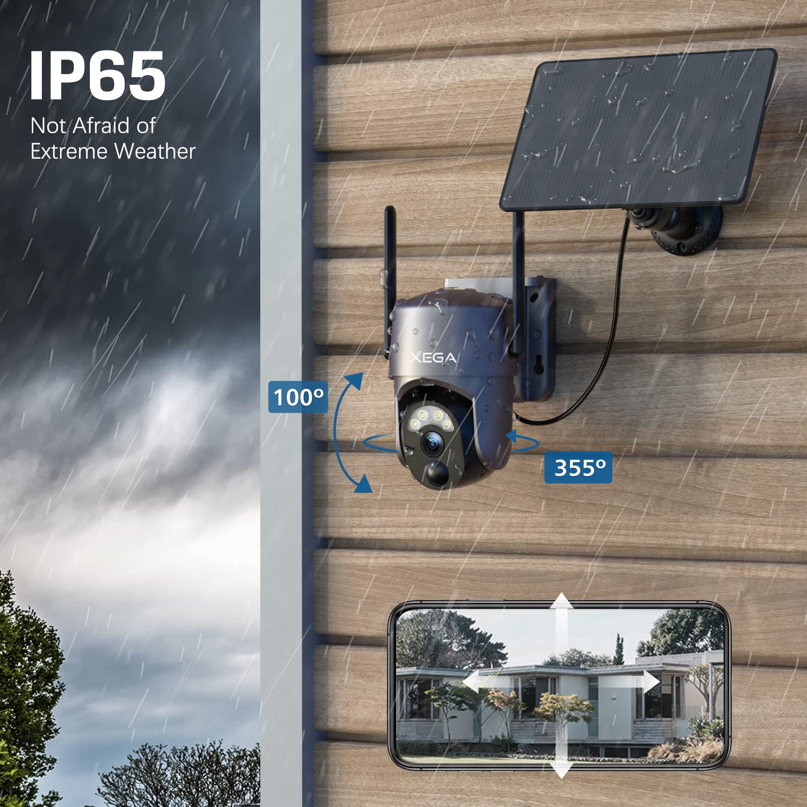 Xega Smart Solar Security Camera Outdoor Wireless 2-Pack - 1080P HD PTZ Wi-Fi Surveillance CCTV with Color Night Vision, PIR Human Detection & Two-Way Audio - Ideal for Home, Garage & Backyard Security Monitoring