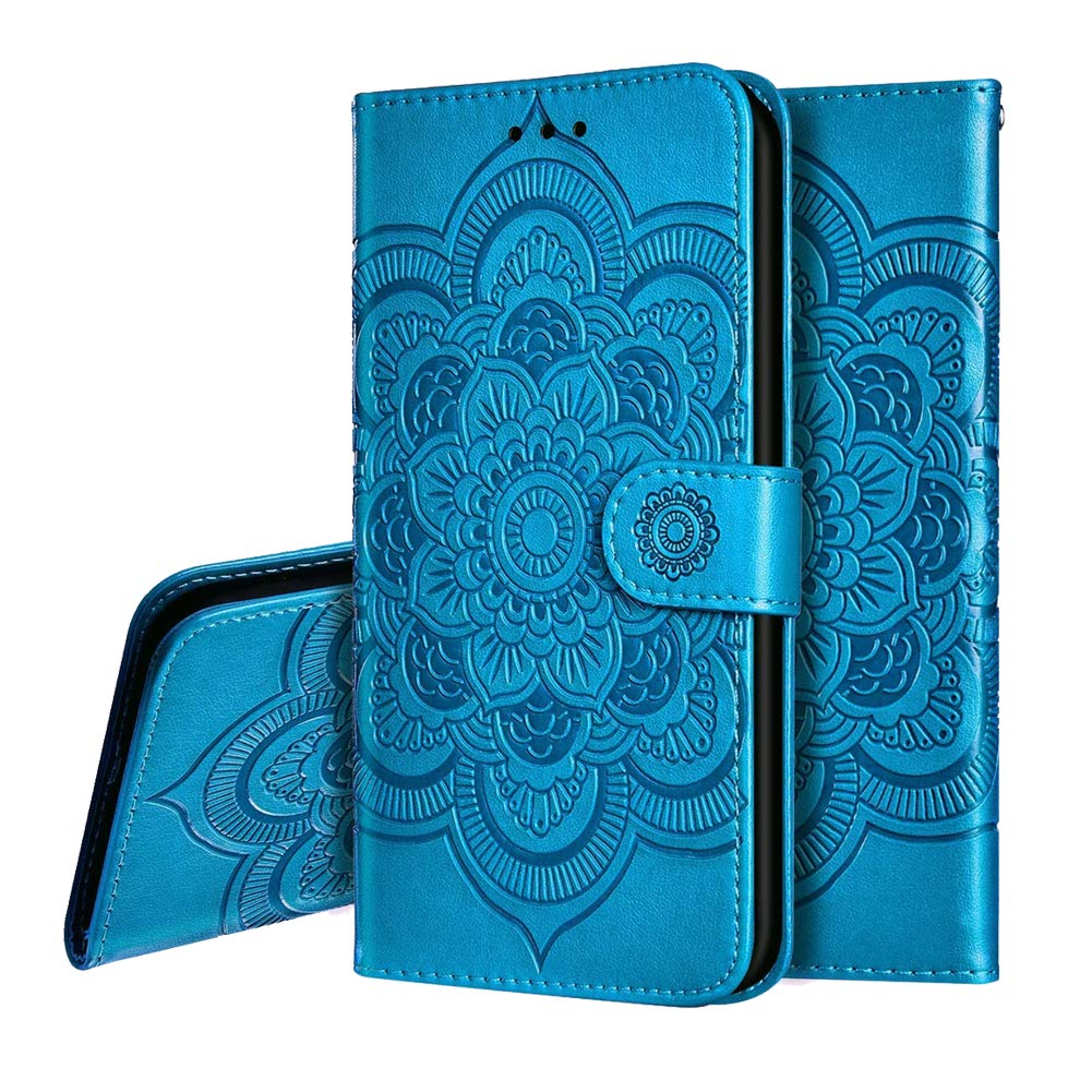 OOPKINS PU Leather iPhone 13 Mini Case - Mandala Blue Wallet Cover with Card Slot & Magnetic Stand for Work & Travel