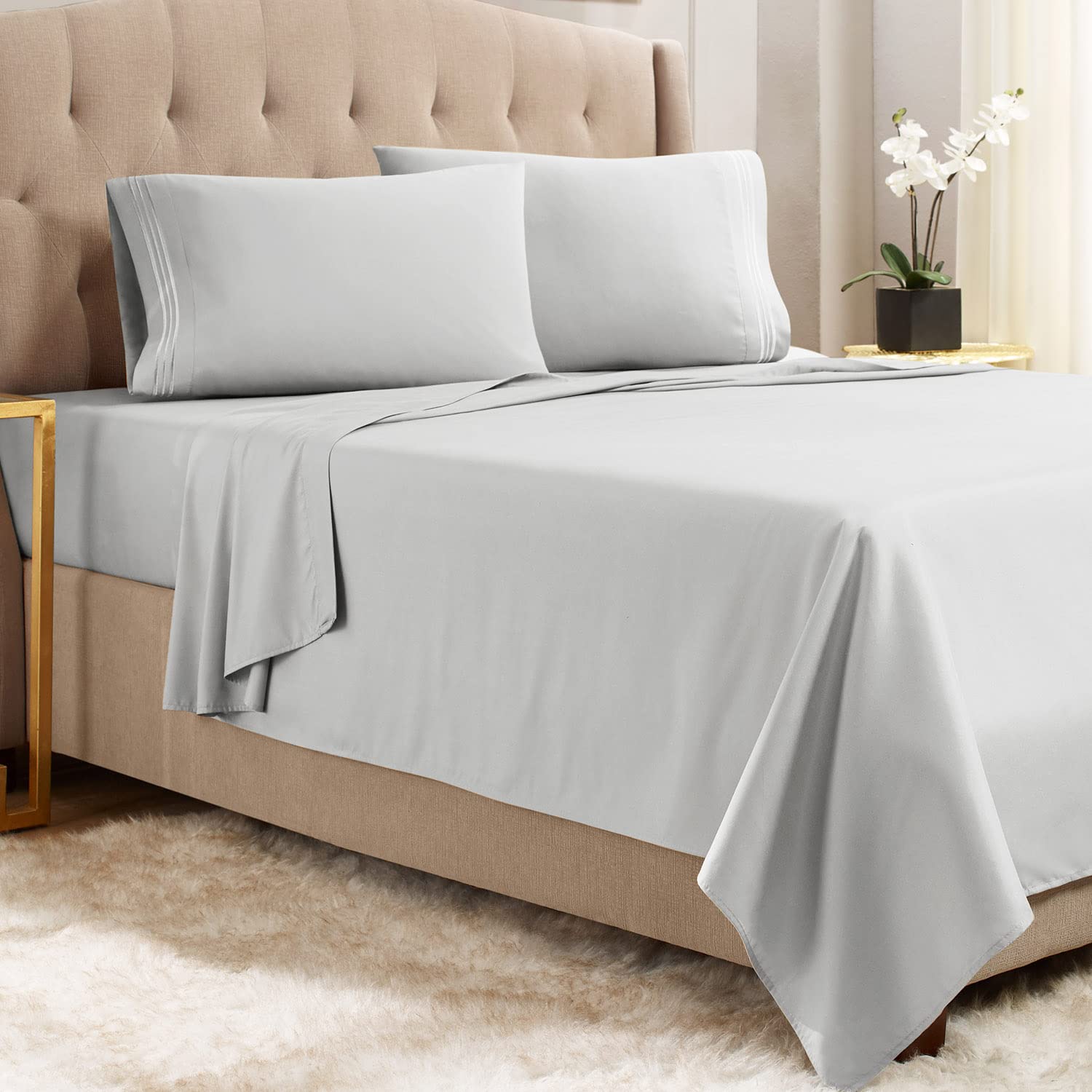 Empyrean California King Sheet Set - 4 PC Ultra Soft Double Brushed Microfiber Bed Sheets - Hotel Luxury Silver Light Gray Cal King Size with Deep Pockets & Elastic Corners for Comfortable Sleep - Perfect for Master Bedrooms, Guest Rooms & Luxury Hotels