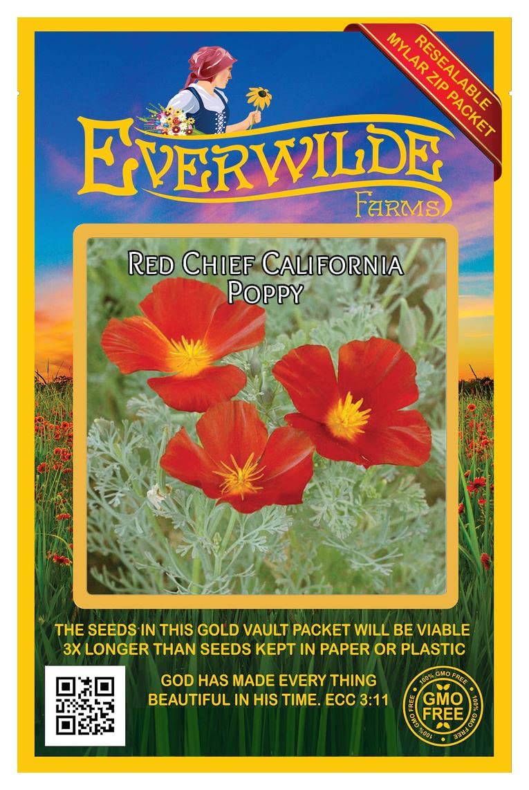 Everwilde Farms - 1000 Red Chief California Poppy Wildflower Seeds - Gold Vault Jumbo Seed Packet for Home Garden, Landscaping & Pollinator Gardens