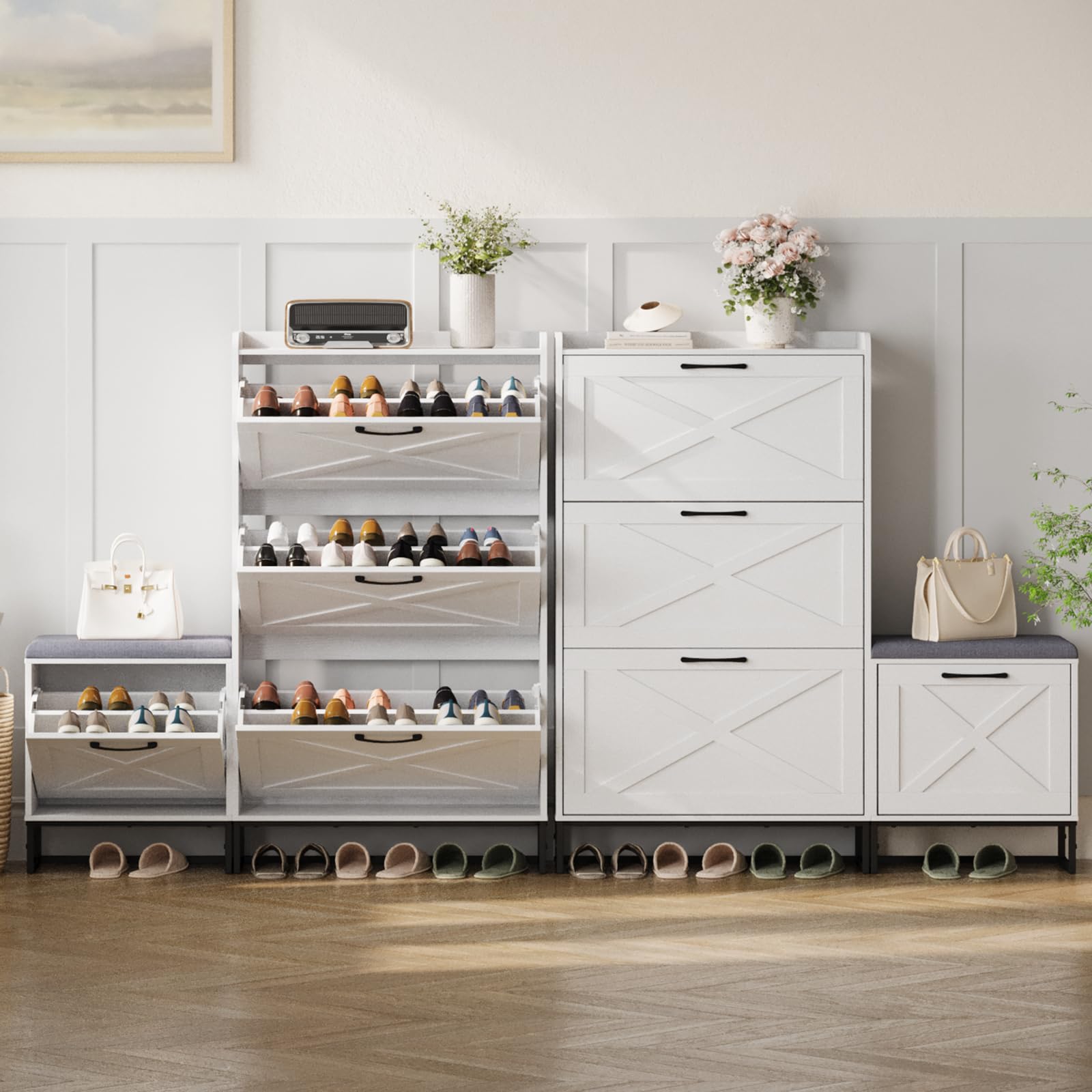 Maupvit 4-Tier Shoe Storage Cabinet with Flip Drawers - Holds 28 Pairs of Shoes, Space-Saving Entryway Shoe Bench & Hidden Organizer for Living Room, Hallway, Bedroom - White (Perfect for Small Spaces & Apartment Entryways)