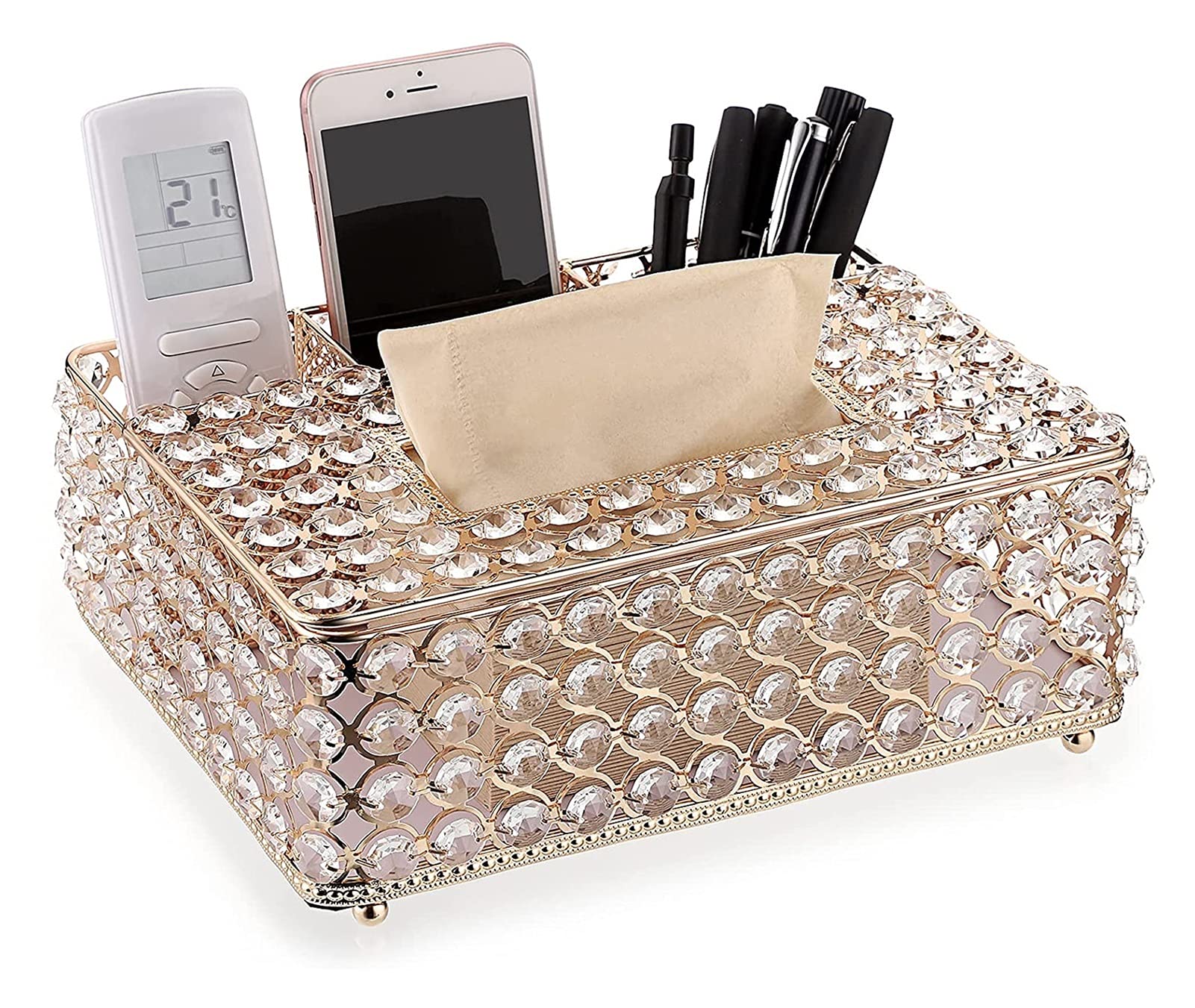 Crystal Rectangular Remote Control Tissue Box Holder - Modern Home Office Tissue Paper Cover Organizer with Storage Slot | Perfect for Living Room, Bedroom & Bathroom Organization (One Color)