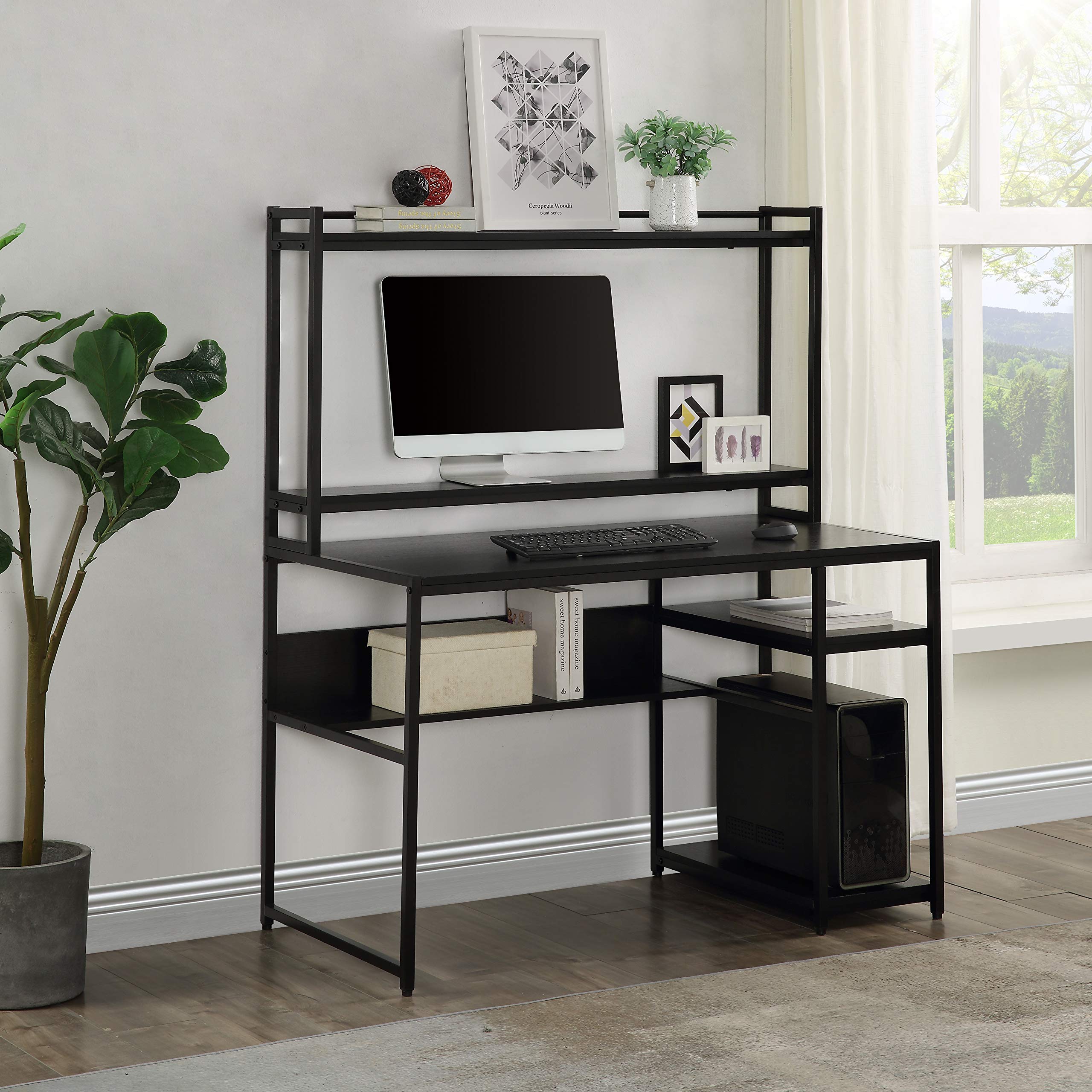 Ergonomic Home Office Computer Desk with 2-Tier Bookshelf & Open Storage Shelf - Modern Black Study Desk for Small Spaces - Perfect for Remote Work, Online Learning & Gaming Setup