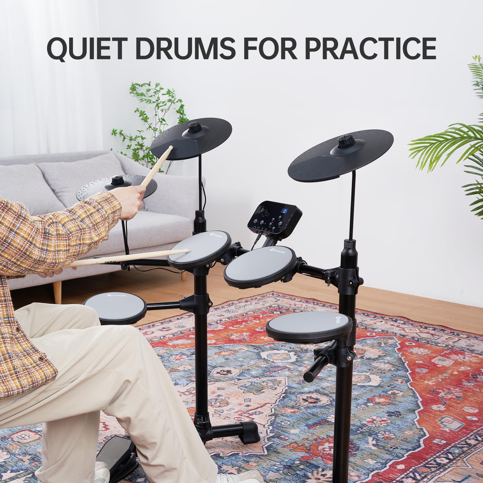 Vangoa 8-Piece Electronic Drum Set for Adults & Beginners - Quiet Drum Pads, 2 Cymbals, 150 Sounds, Headphone Jack & Lightweight Pedals - Perfect for Home Practice, Studio Recording & Music Learning (Gray)