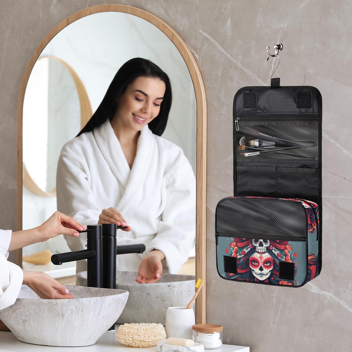 Floral Sugar Skull Travel Toiletry Bag - Waterproof Hanging Cosmetic Organizer for Women | Perfect for Bathroom & Travel