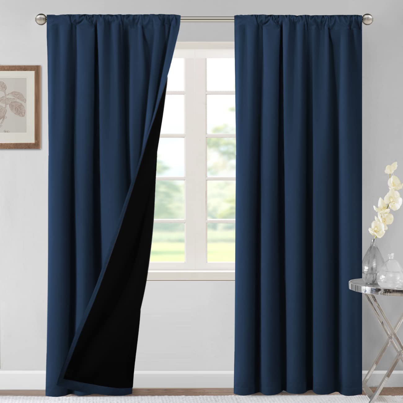 H.VERSAILTEX 100% Blackout Thermal Insulated Curtains - 84 Inch Length Rod Pocket Drapes with Black Liner (2 Panels, Navy) for Bedroom & Living Room - Perfect for Light Blocking, Privacy & Energy Efficiency