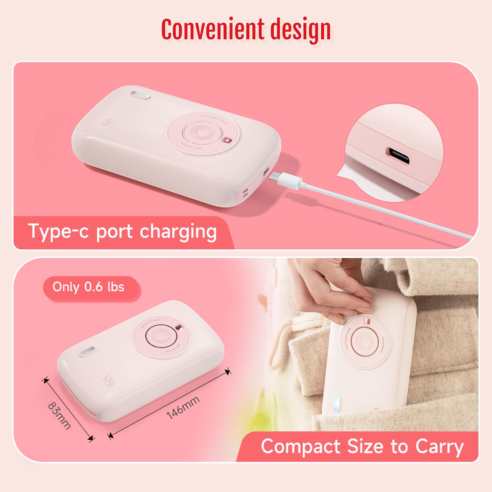 HPRT CP2100 Mini Bluetooth Photo Printer for iPhone & Smartphone - Portable Wireless Instant Picture Printer with Thermal Dye Sublimation Technology (Pink) - Print Memories Anywhere, Perfect for Travel, Parties & DIY Scrapbooking