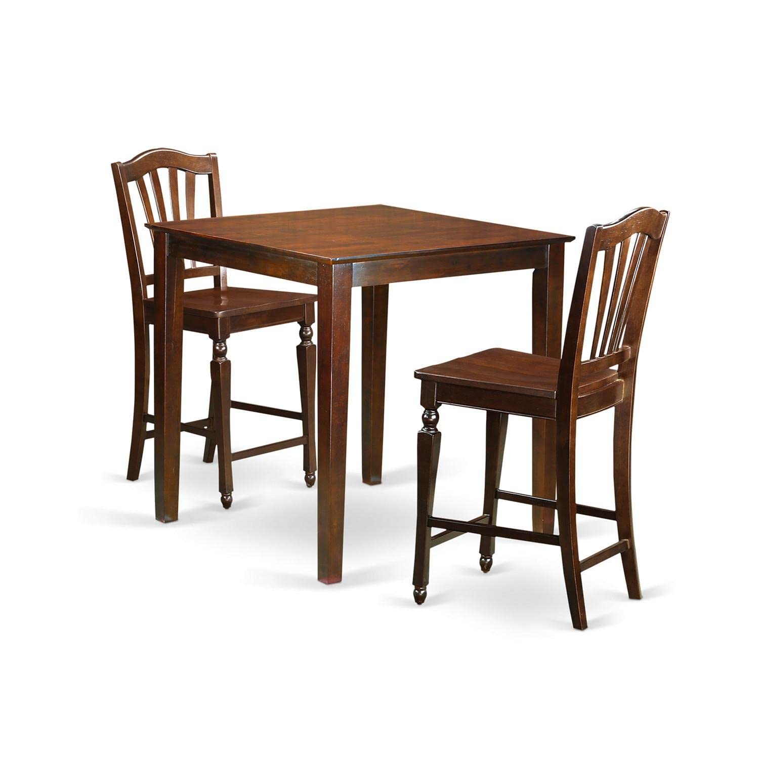 East West Furniture VNCH3-MAH-W 3-Piece Counter Height Pub Set - 36x36 Inch Square Dining Table with 2 Bar Stools, Mahogany Finish - Perfect for Small Kitchens, Breakfast Nooks & Compact Dining Spaces