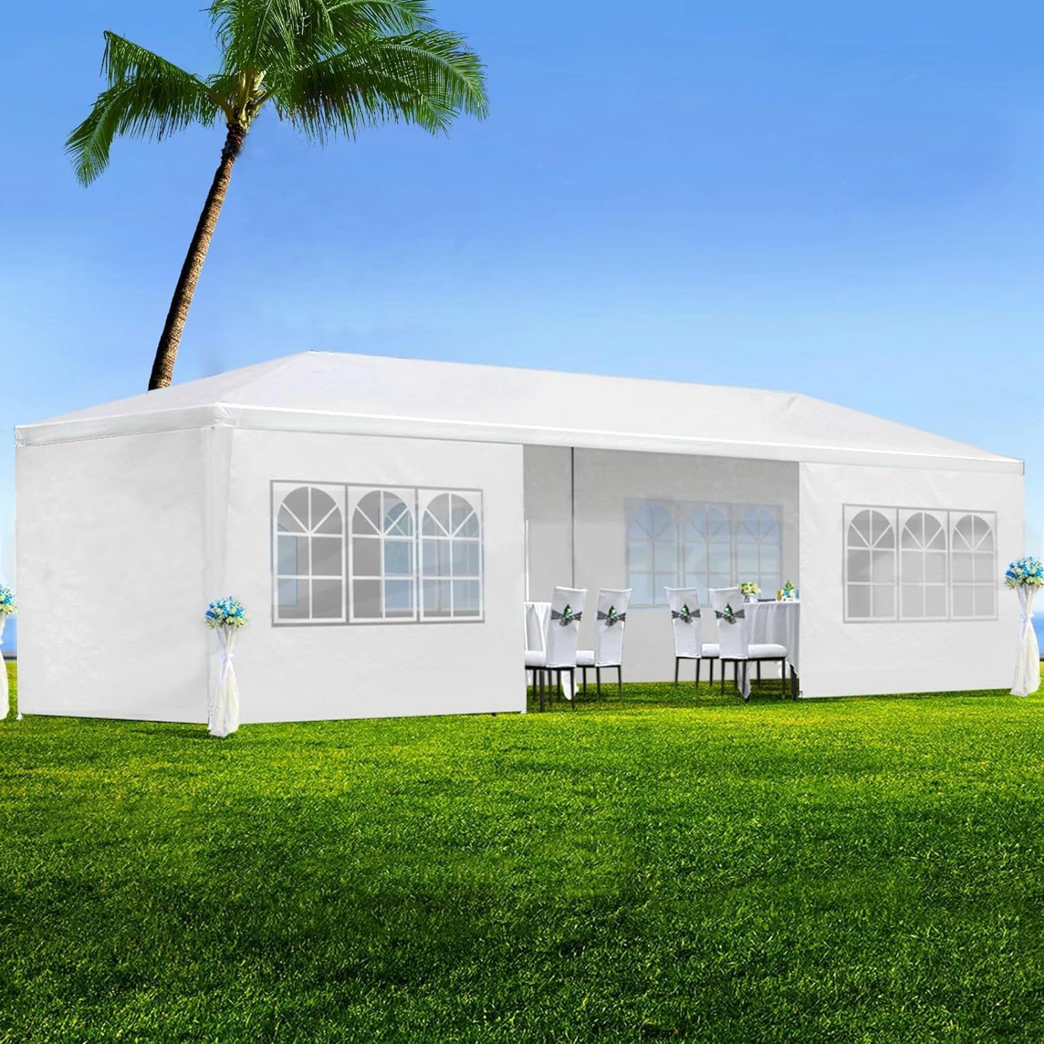 10'x30' Heavy Duty Party Tent with 8 Removable Sidewalls - UV Resistant & Waterproof Outdoor Wedding Canopy, Event Gazebo Shelter for Backyard Picnics, Parties, Festivals - White (Romantikus-01) | Perfect for Weddings, Corporate Events, Farmers Markets & Outdoor Gatherings