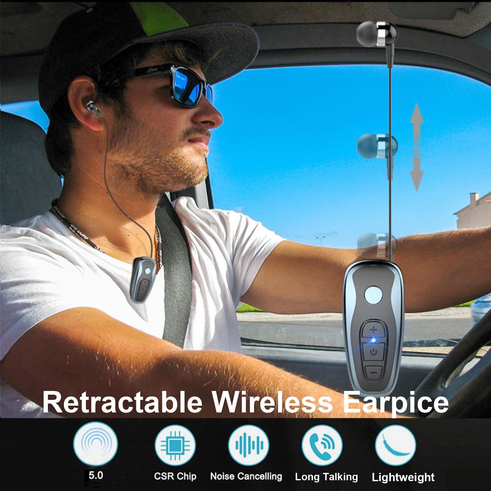 Retractable Wireless Bluetooth Headphones V5.0 - Lightweight Noise Cancelling Stereo Earphones with Mic for Sports, Running, Workout, Business & Driving | Compatible with iPhone & Android Phones | Perfect for Gym, Office, Commuting & Travel