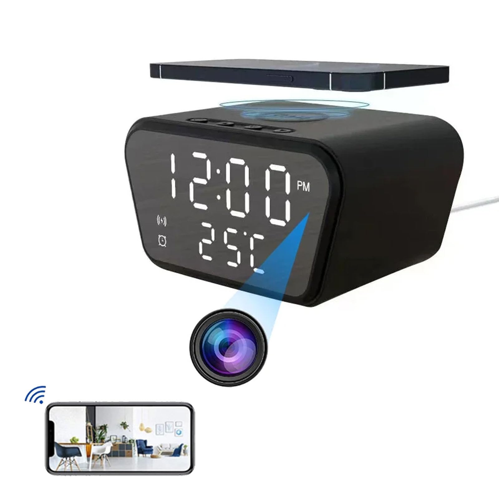 FKINGLRK Smart LED Digital Alarm Clock with Temperature Display, Wireless Charger & 1080P HD Indoor Surveillance Camera - Perfect for Home Security, Baby Monitoring, and Office Use