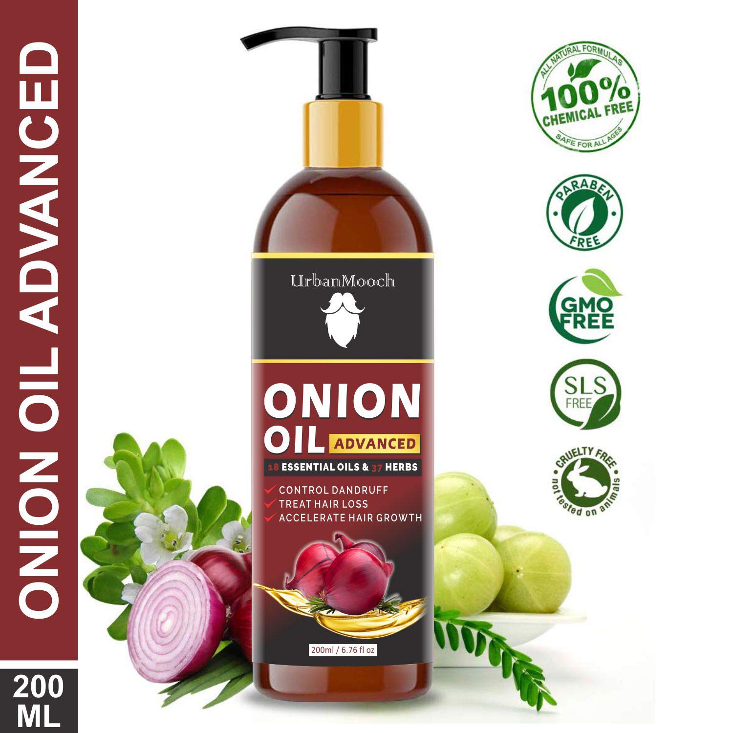 UrbanMooch Advanced Onion Hair Oil for Men with Red Onion Extract & 14 Essential Oils - Promotes Hair Growth & Controls Hair Fall - 200ml - Perfect for Daily Scalp Massage & Hair Care Routine