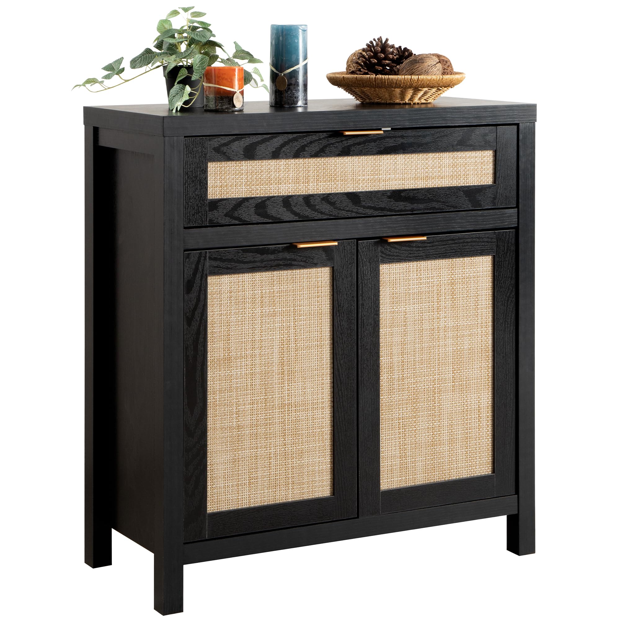 SICOTAS Modern Rattan Sideboard Buffet Cabinet with Doors & Drawer - Entryway Storage, Living Room Console Table, Coffee Bar Organizer - Black Accent Furniture for Home Decor