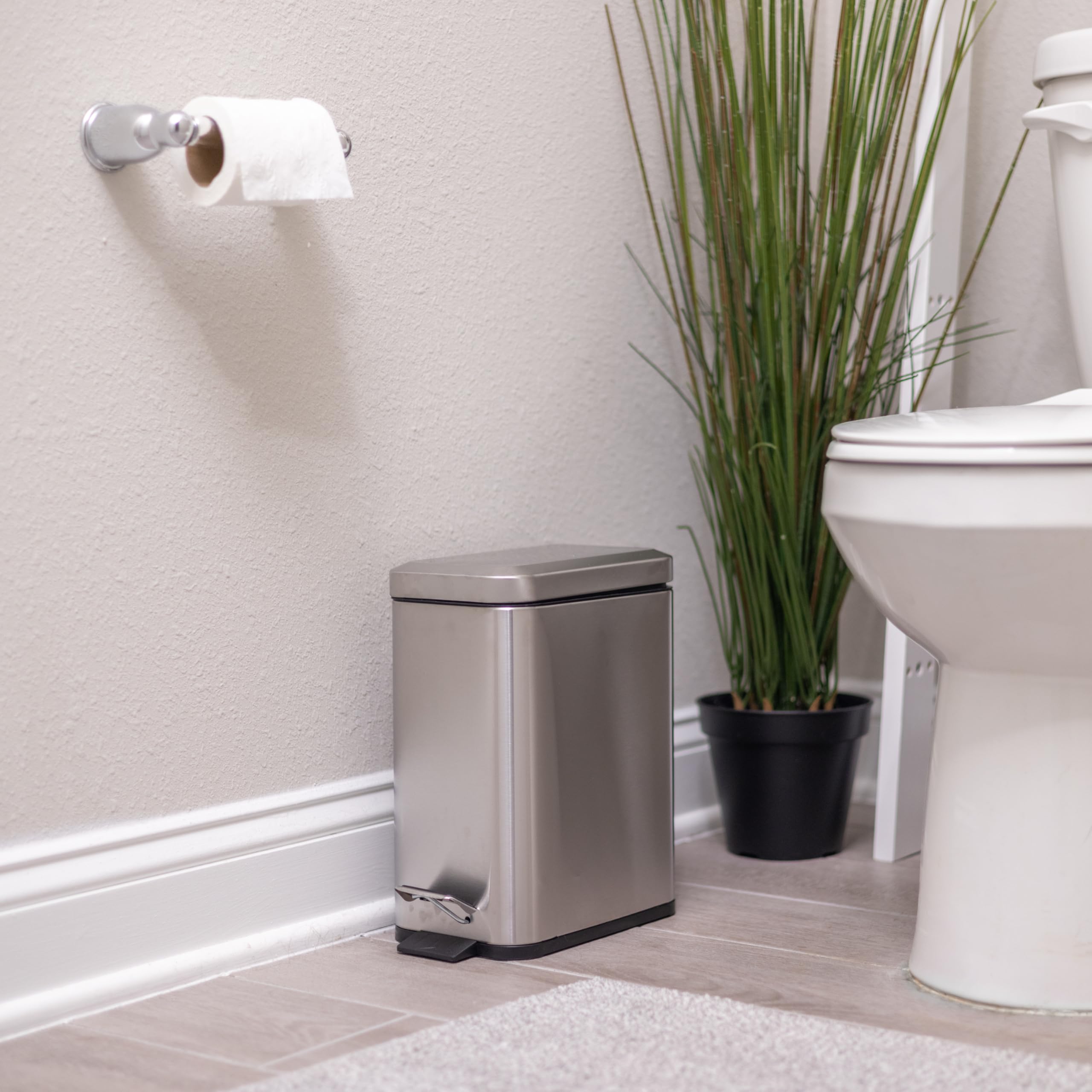 Slim 1.6 Gallon Soft Close Trash Can with Anti-Slip Liner & Lid - Mini Garbage Bin for Bathroom, Kitchen, Bedroom, Office | Space-Saving Waste Basket for Small Spaces & Home Decor