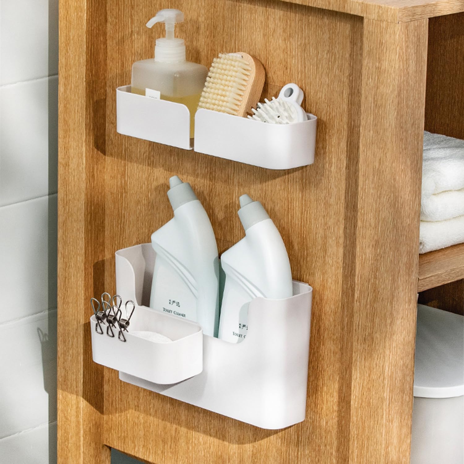MORNITE 4-Pack Adhesive Cabinet Door Organizer - White Storage Shelves for Kitchen, Bathroom, RV, Pantry, Bedroom & Closet - Space Saving Door Rack for Spices, Cleaning Supplies & Toiletries - Perfect for Small Homes & Apartments