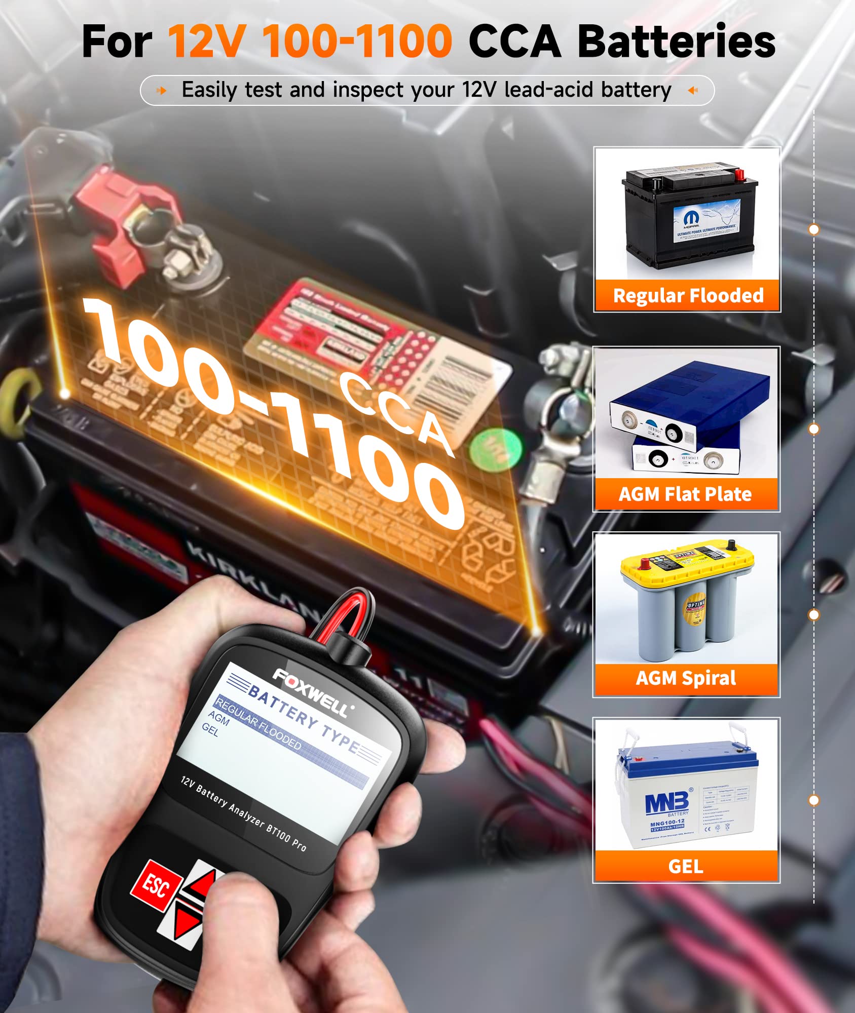 FOXWELL BT705 BT100 Pro 12V 24V Automotive Battery Tester - Accurate Car & Truck Battery Analyzer for Voltage, CCA, SOC, SOH - Perfect for Mechanics, DIY Enthusiasts & Fleet Maintenance