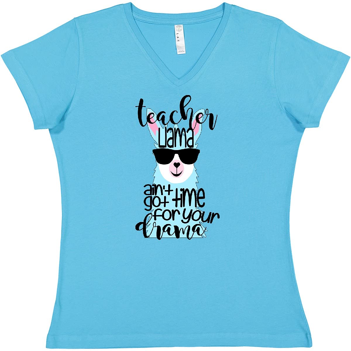 Inktastic Teacher Llama Ain't Got Time for Your Drama Women's V-Neck T-Shirt - Funny Teacher Apparel for Women, Cute Llama Graphic Tee - Perfect for Classrooms, Teacher Appreciation Gifts & Casual Wear