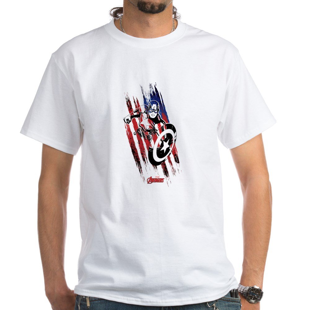 Captain America Flag Stripes White Cotton T-Shirt | Patriotic Marvel Superhero Graphic Tee | Perfect for Comic Con, 4th of July & Superhero Fans