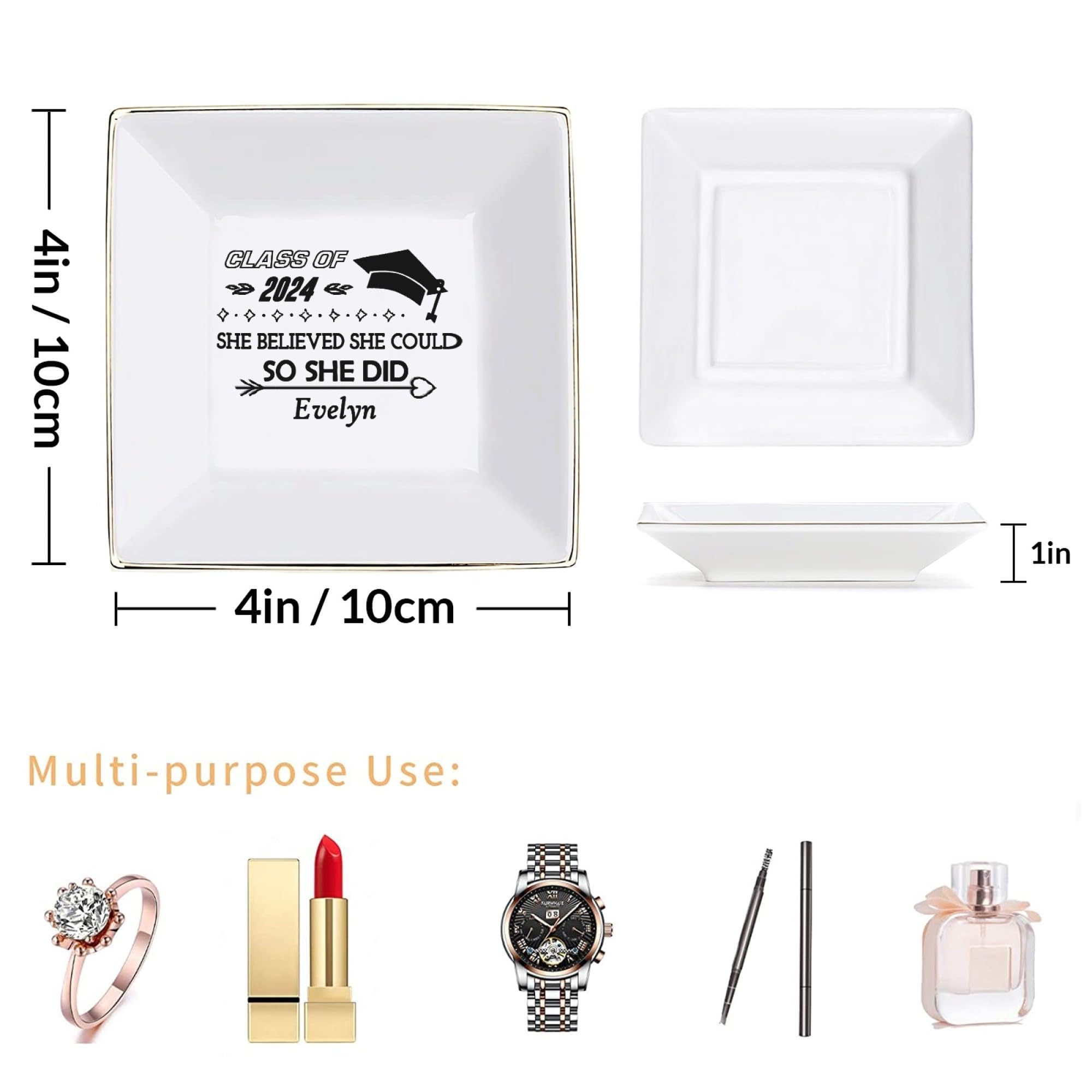 Personalized Graduation Gift for Women - Custom Engraved Ceramic Ring Dish with Inspirational Quote - Class of 2024 High School & College Graduation Present - Jewelry Tray for Dorm Room, Vanity or Wedding Gift