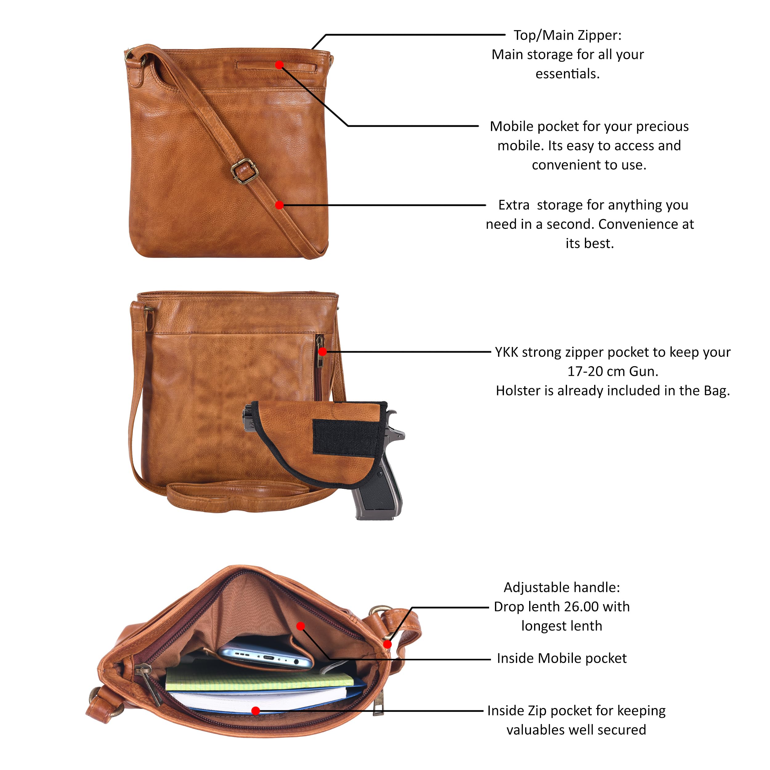 Ozora Genuine Leather Crossbody Bag for Men & Women - Multi-Pocket Sling Bag with Detachable Holster - Perfect for Travel, Work & Everyday Use