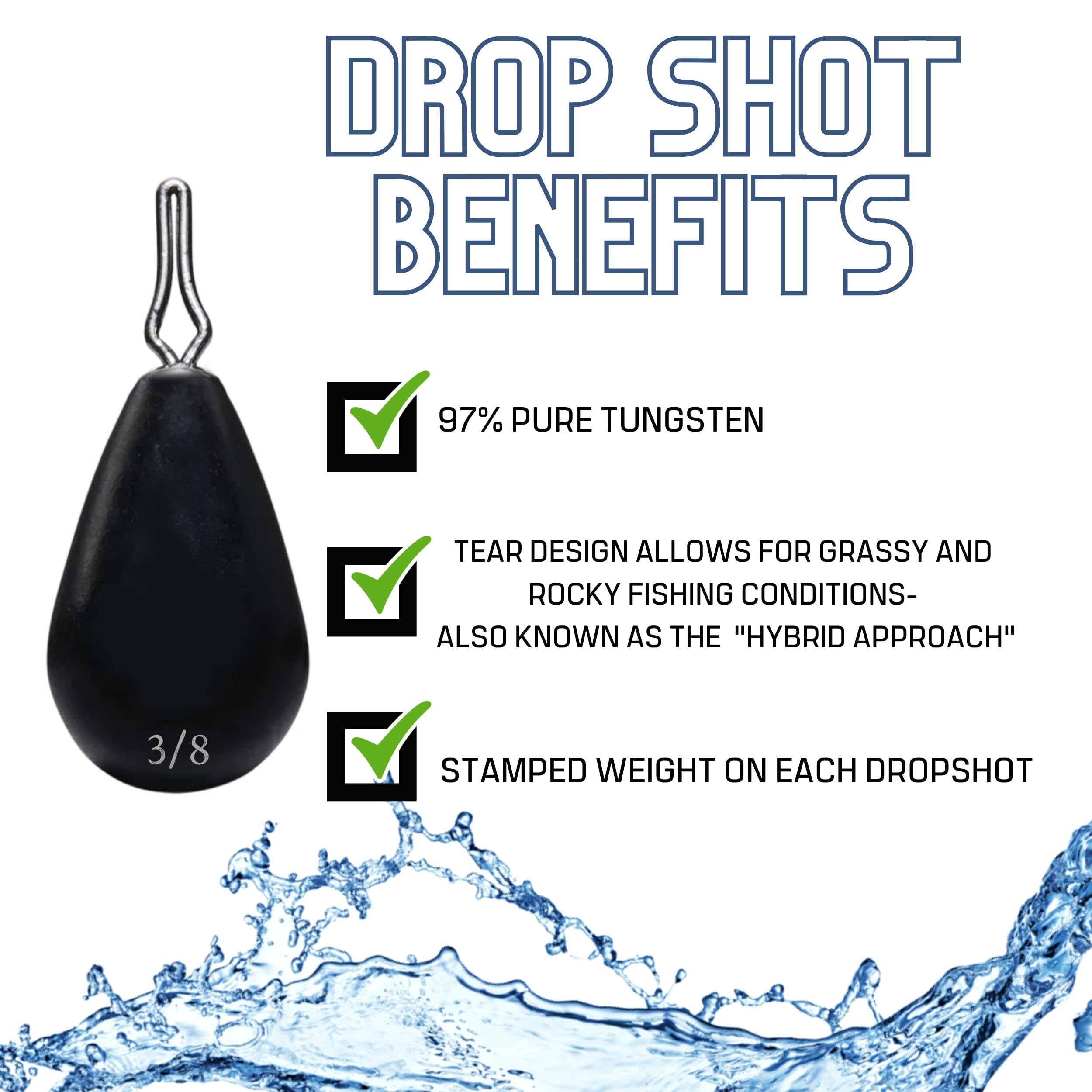 Reaction Tackle Tungsten Drop Shot Weights - Premium Fishing Sinkers for Bass, Walleye & Panfish - Skinny Dropshot Weights with Size Stamped (1/8oz to 1/2oz) - Freshwater & Saltwater Fishing Gear - Perfect for Dropshot Rigs, Finesse Fishing & Clear Water Conditions