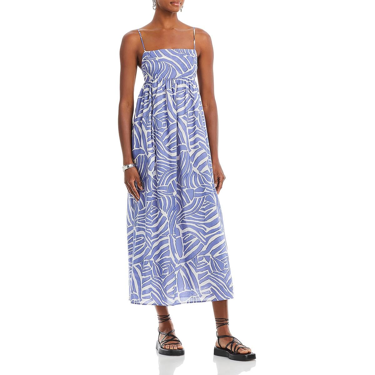 Women's Lucille Cotton Printed Midi Dress - Blue Floral Summer Dress with Short Sleeves & Side Pockets | Casual Outfit for Beach, Vacation, Office & Date Night (Size L)