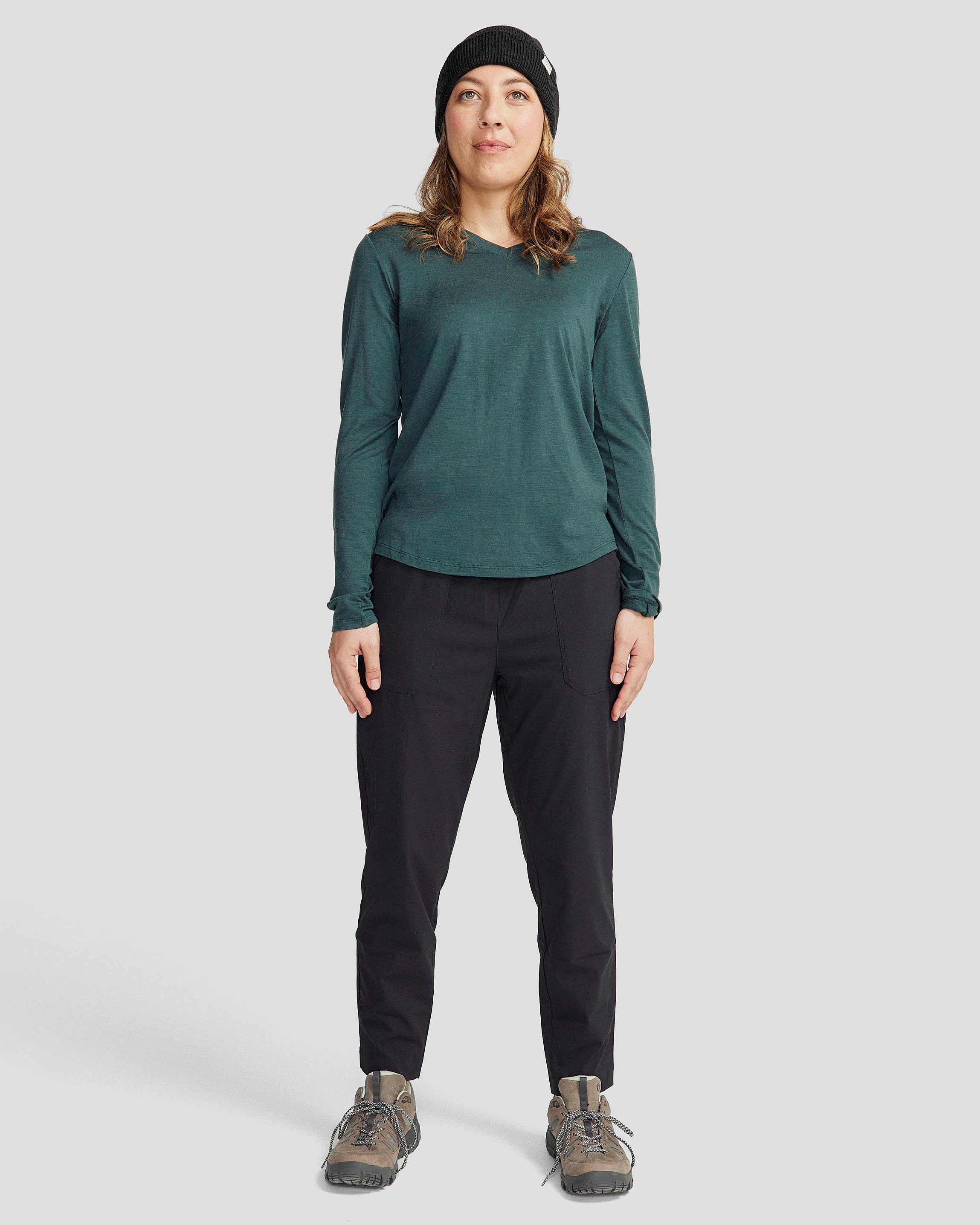 100% Merino Wool Women's Long Sleeve V-Neck Top - Deep Forest Green - Soft & Breathable Base Layer for Hiking, Yoga & Winter Wear