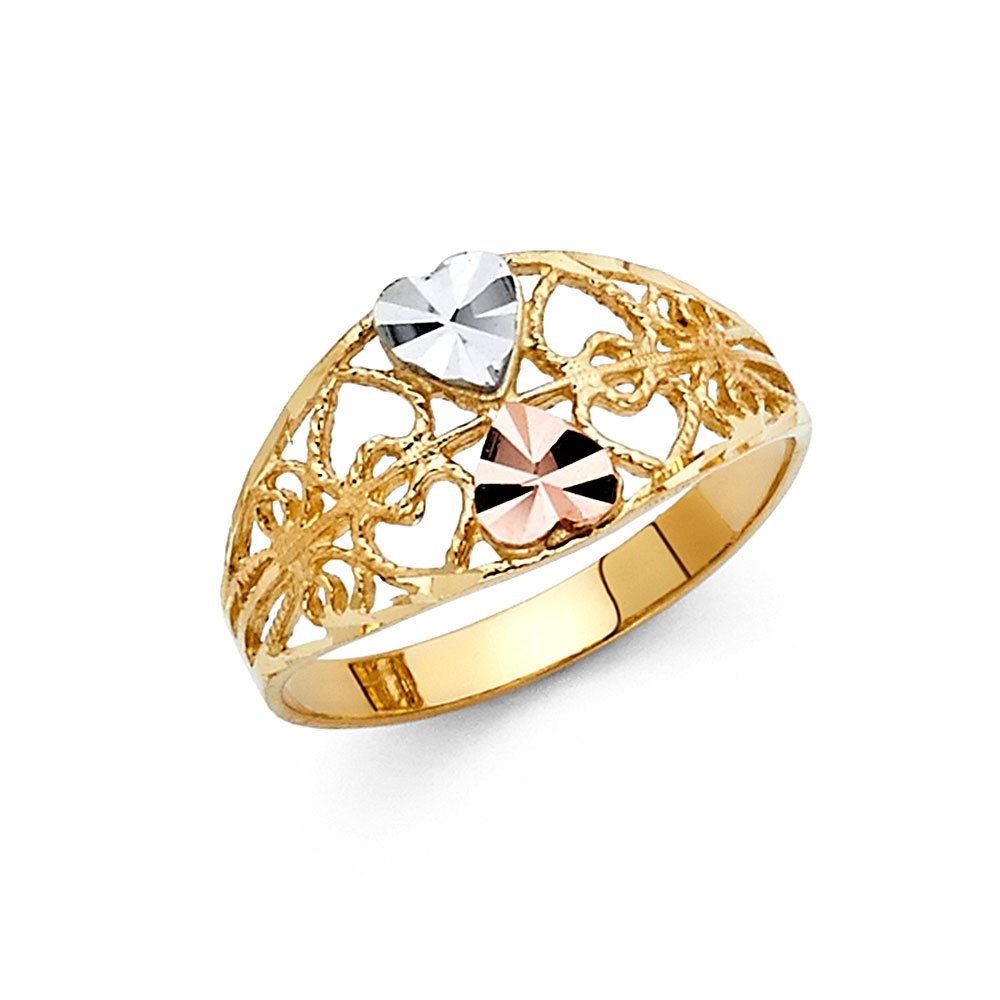 14K Yellow, White & Rose Gold Three-Tone Heart Ring for Women - Elegant Fashion Jewelry for Anniversary, Valentine's Day & Special Occasions