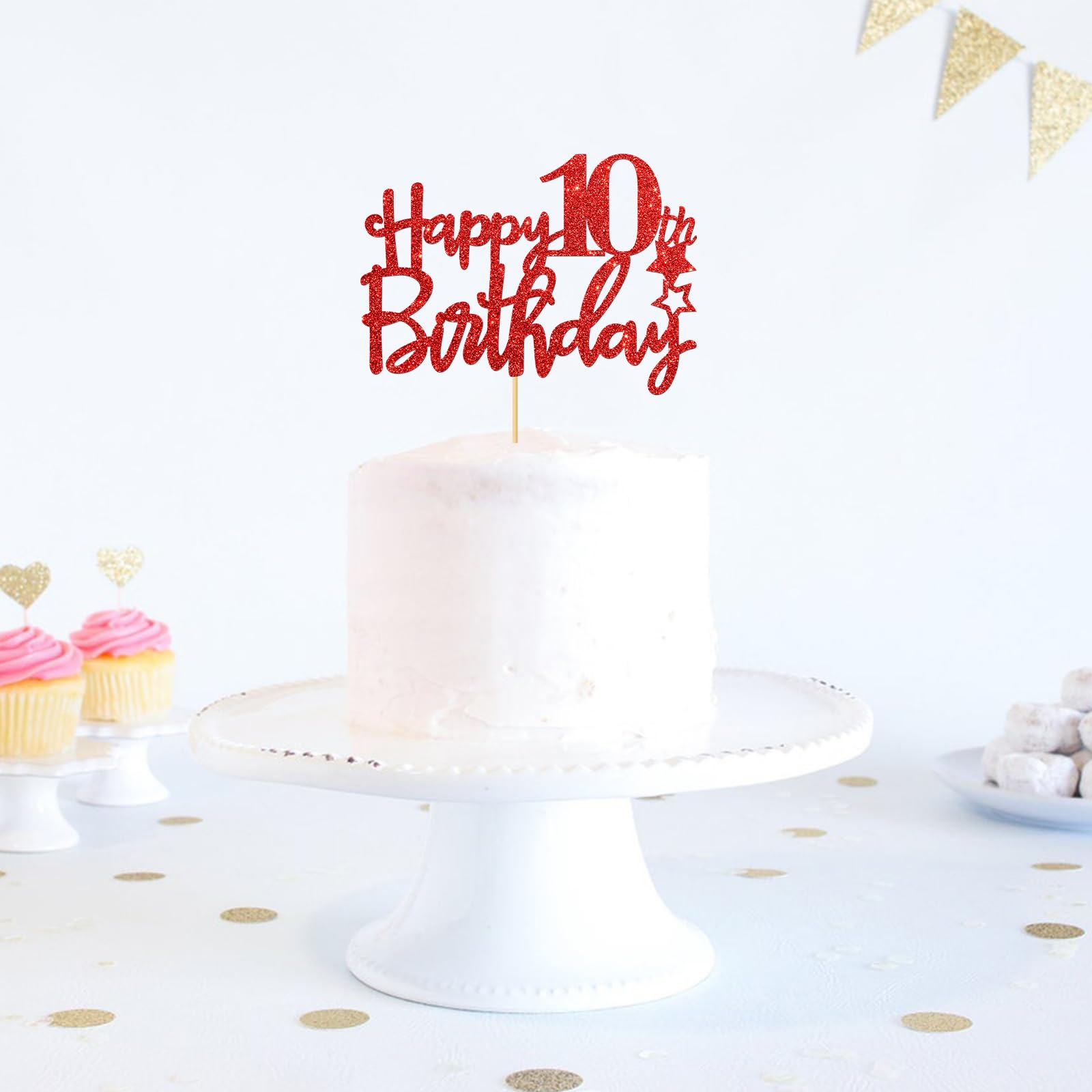Red Glitter Happy 10th Birthday Cake Topper - Ten Sign Cake Decoration - Cheers to 10 Years Party Supplies - 10th Birthday Party Decor for Girls & Boys - Perfect for Birthday Cakes, Cupcakes & Dessert Tables