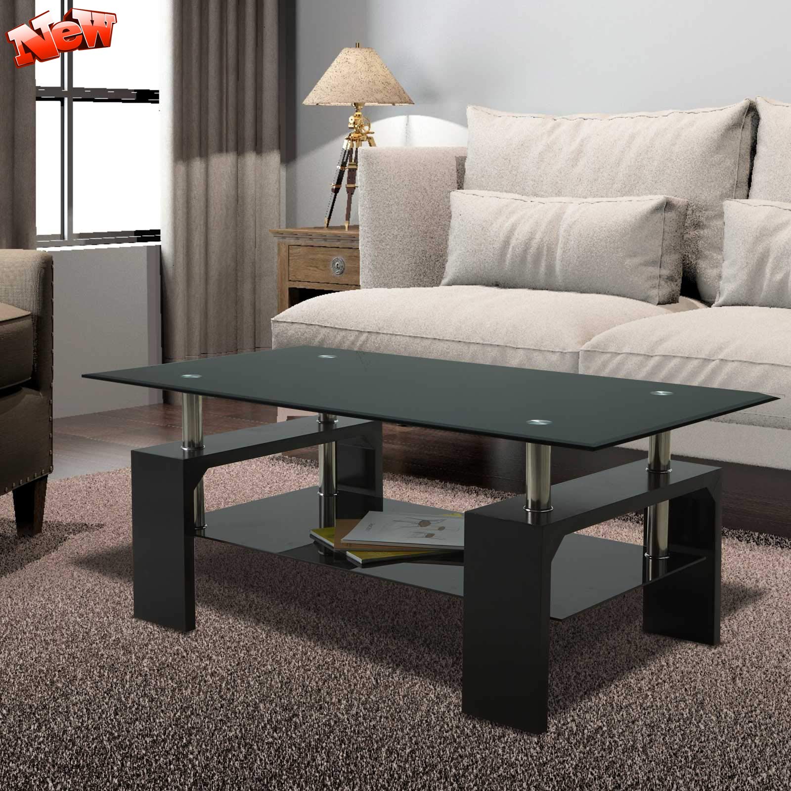 Upgraded Modern Black Glass Top Coffee Table with Storage Shelf - 43 Inch Rectangle Living Room Center Table with Wooden Legs - Perfect for Lounge, Sofa Side Table, and Home Decor