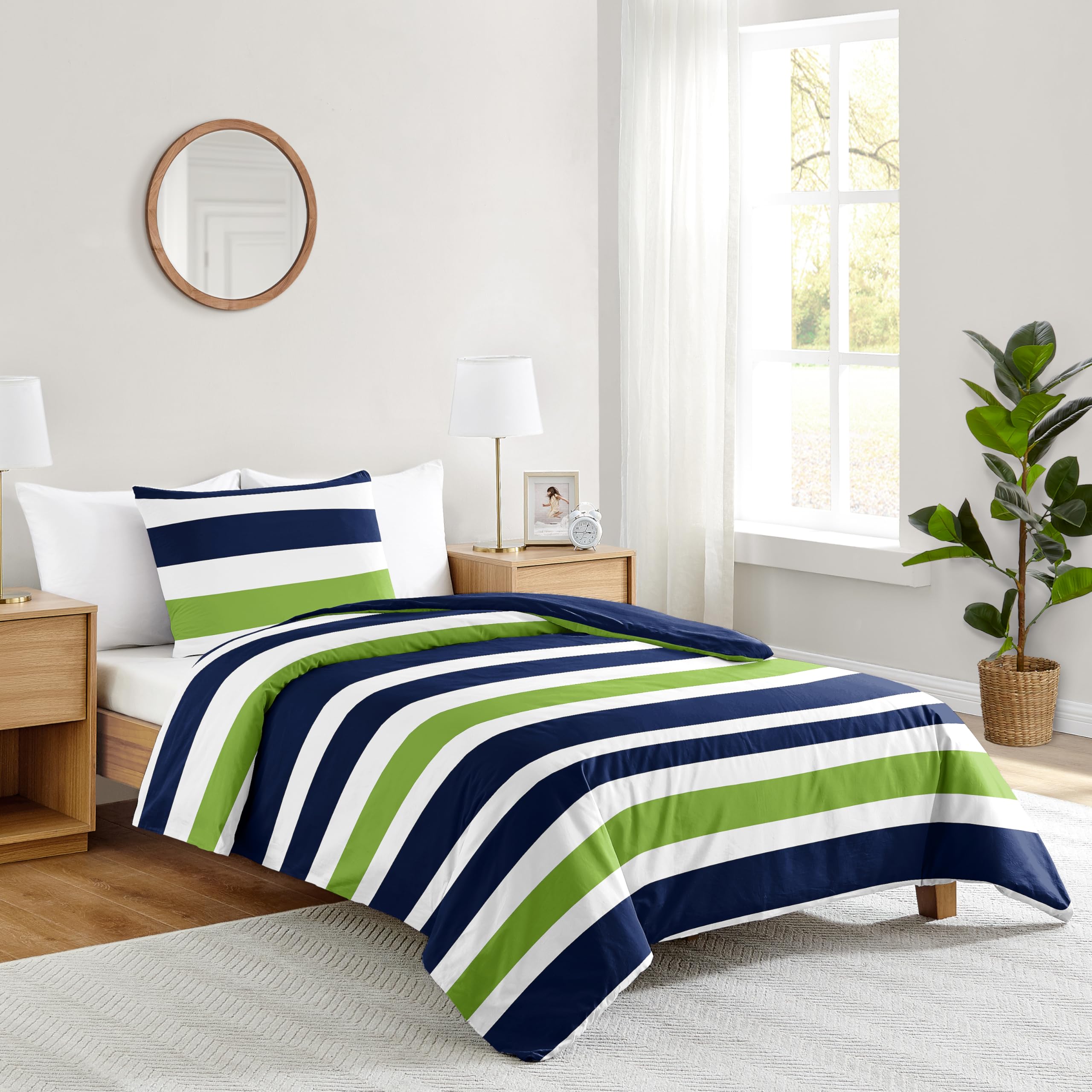 Navy Blue Lime Green and White Stripe 4-Piece Teen Boys Twin Bedding Set - Soft & Durable Comforter, Sheet, Pillowcase Collection for Kids' Bedroom Decor & Cozy Sleep