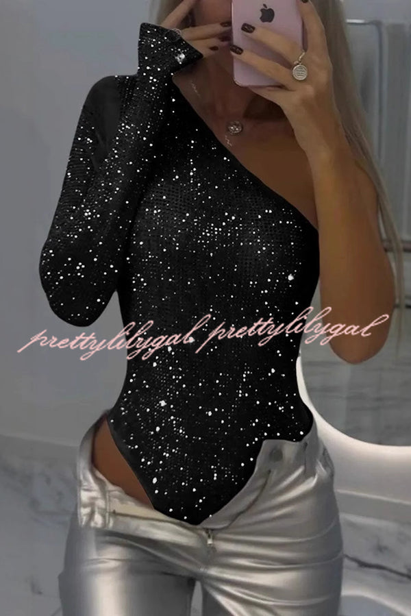 Elegant Solid Color Sequined One Shoulder Slim Fit Romper for Women - Perfect for Parties, Night Out, and Special Occasions