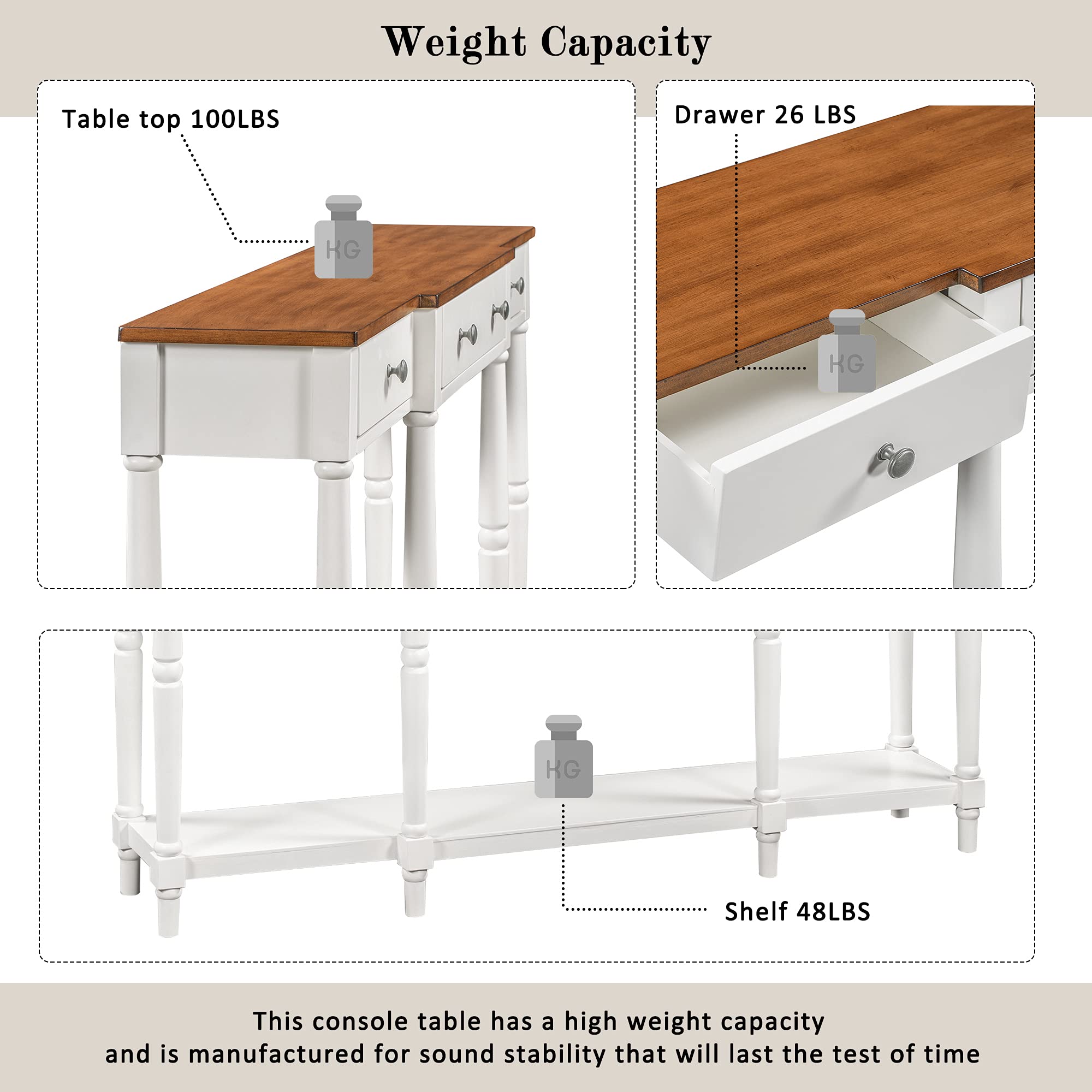 Solid Wood Console Table Sofa Table - Classic Entryway Table with Storage Shelf & Drawer - Narrow Accent Table Furniture for Living Room, Hallway, Bedroom (White+Brown) - Perfect for Home Decor, Small Space Organization & Entryway Storage