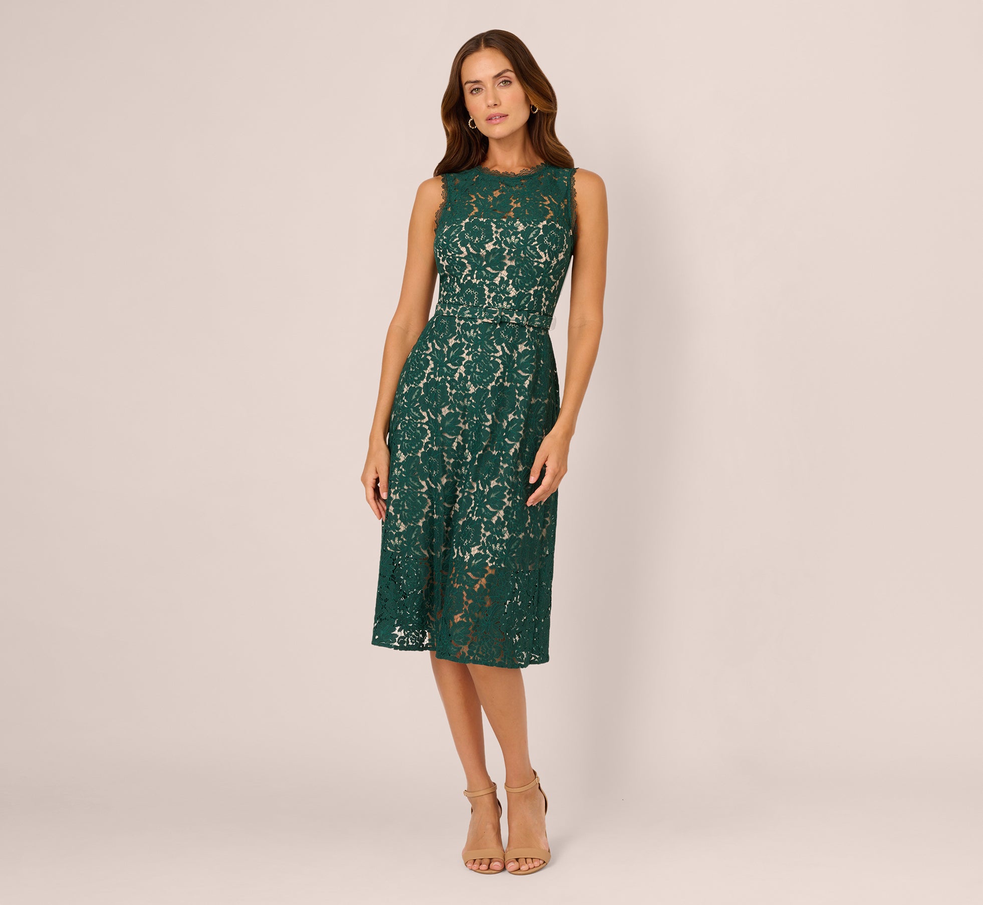 Elegant Sleeveless Lace Fit and Flare Dress with Sheer Details in Hunter Green - Perfect for Weddings, Parties & Special Occasions