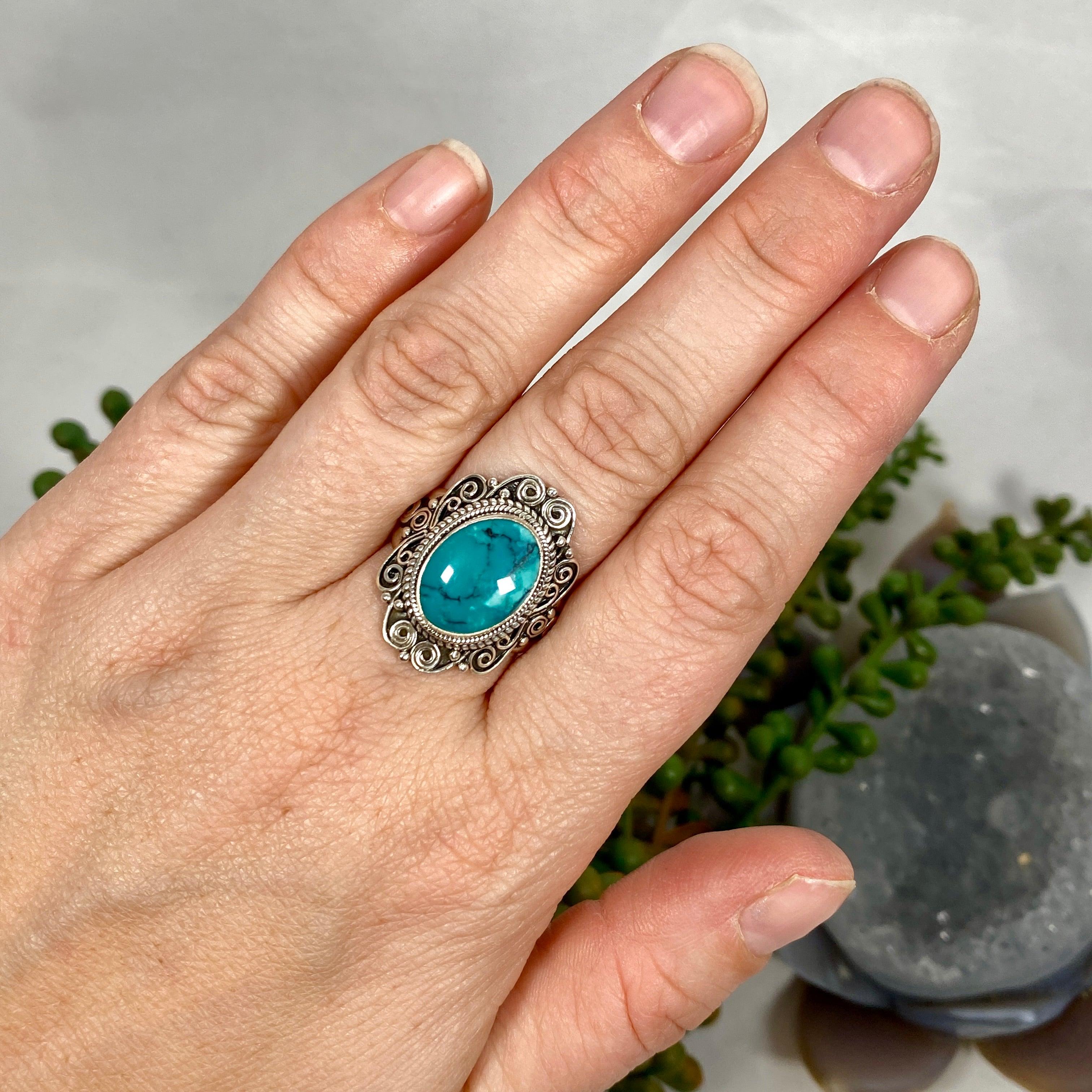 Boho Style Turquoise Oval Ring Size 8 - Handmade Sterling Silver Jewelry for Women, Perfect for Festivals, Weddings & Everyday Boho Fashion