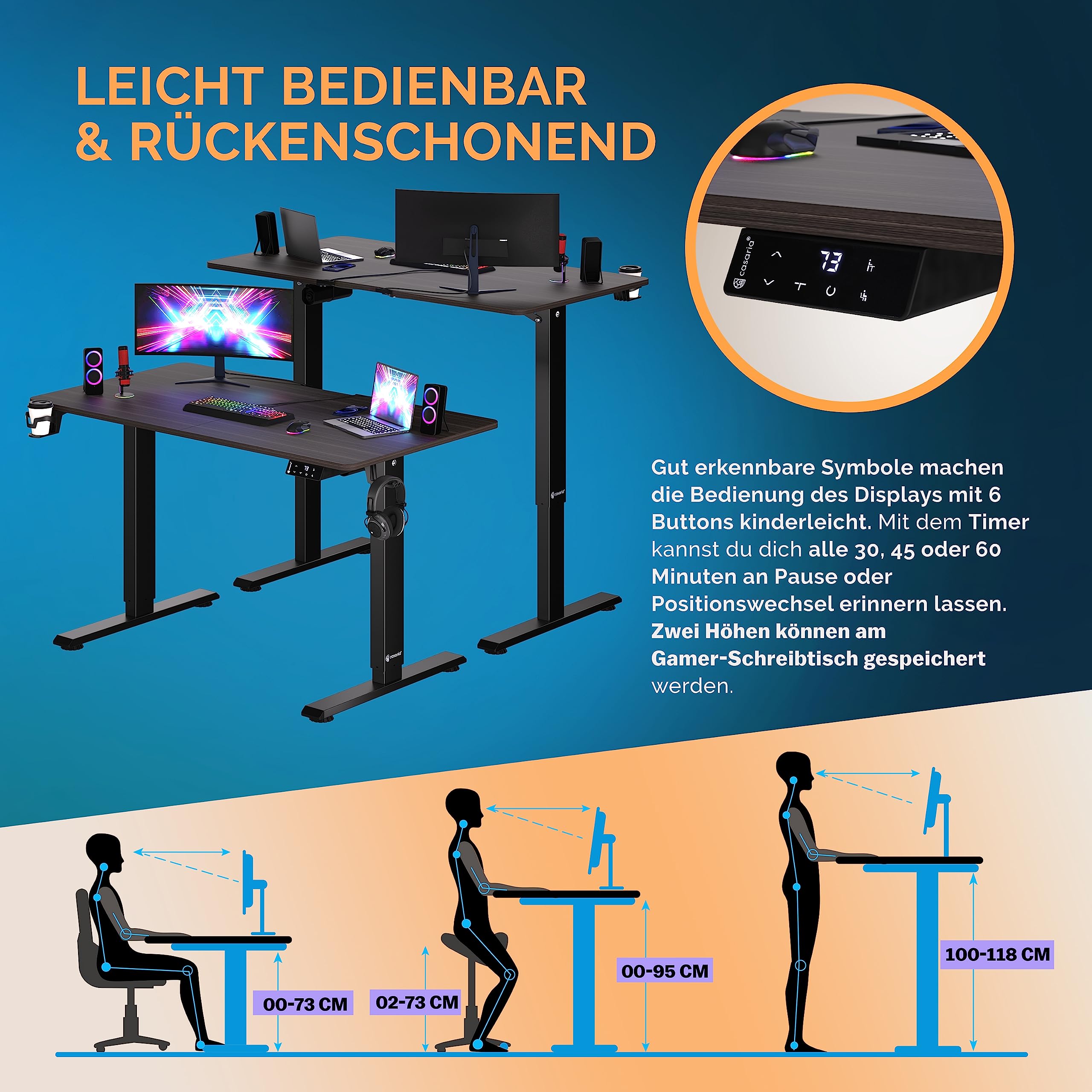 CASARIA Adjustable Height Ergonomic Desk with 2 Reminder Timers, Max Load 120kg, Cup Holder - Perfect for Home Office, Gaming & Study Workspace