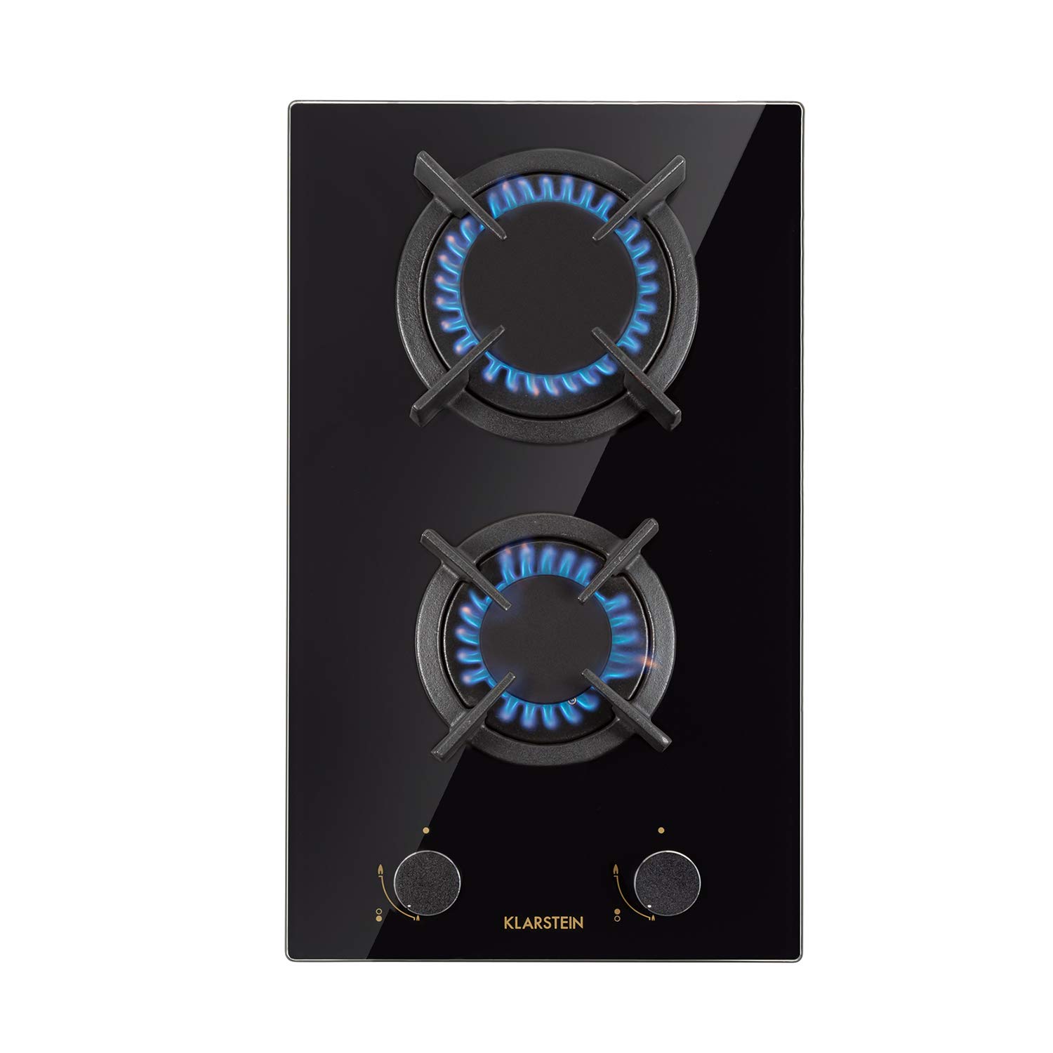 KLARSTEIN Goldflame 12-Inch 2-Burner Gas Cooktop - Tempered Glass Ceramic Stove for Built-In Kitchen Installation - Natural/Propane Gas with Auto Shut-Off Safety - Elegant Black Design - Perfect for Small Apartments, RVs & Outdoor Cooking