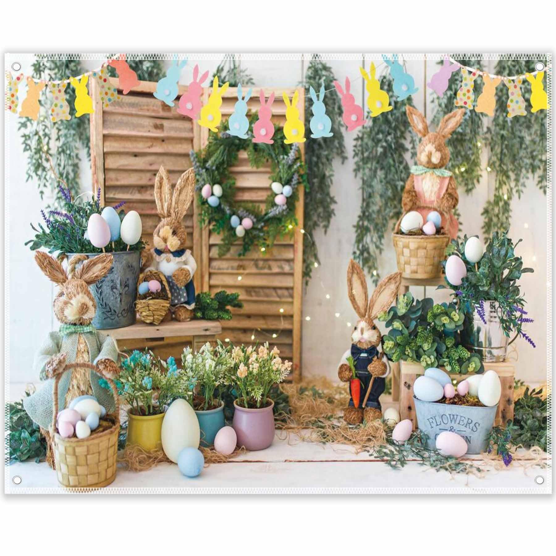 10x8ft Spring Easter Photography Backdrop - Colorful Garden Bunny with Eggs & Flowers - Baby Kids Portrait Photo Booth Props for Easter Party, Baby Shower & Spring Celebrations