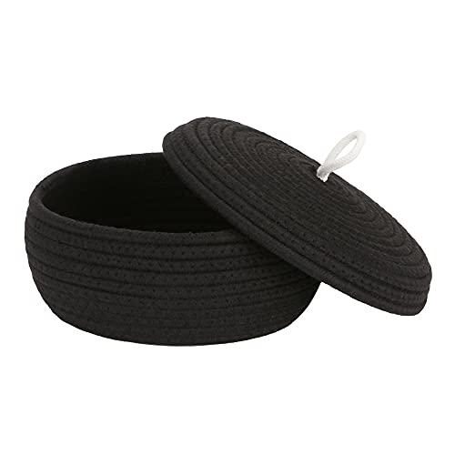 Sea Team Round Cotton Rope Storage Basket with Lid - Decorative Woven Storage Bin for Home Organization, Snacks, Towels, Plants - Small Shallow Black Container (10