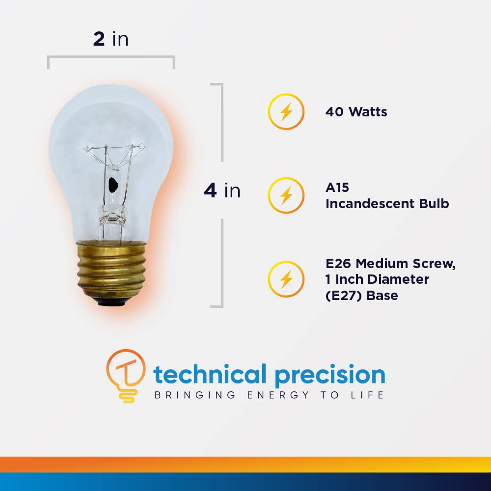 Technical Precision 40W A15 Appliance Light Bulb - 2 Pack E26 Base Clear Incandescent Replacement for Whirlpool W10565137 - Perfect for Refrigerators, Ovens, Stoves & Home Appliances