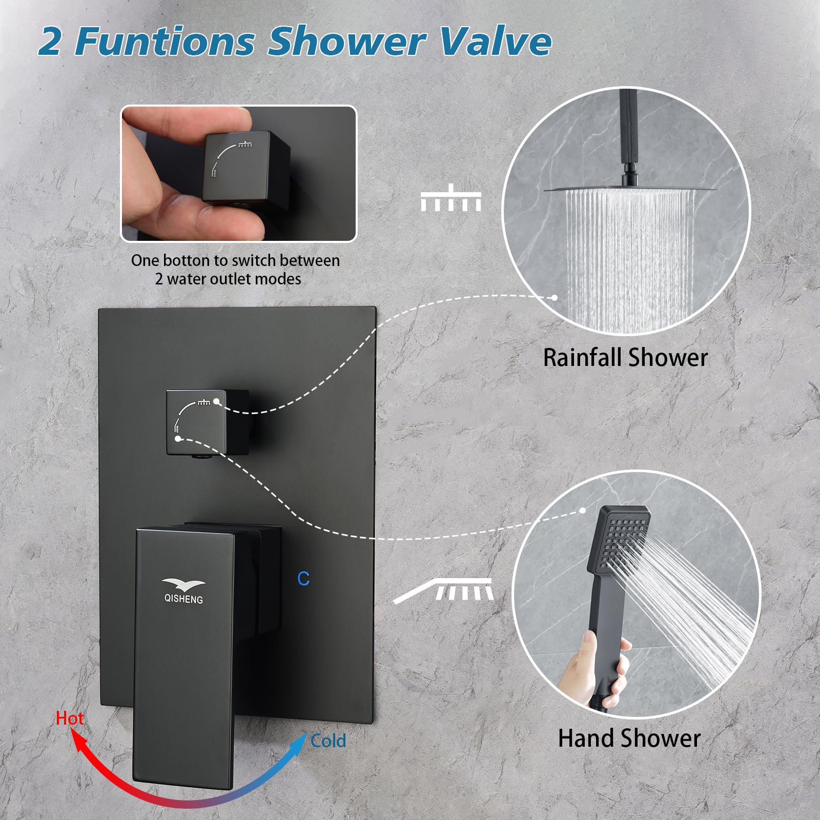 QISHENG Black Solid Brass Pressure Balance Shower Valve with Diverter - 2 Way Shower Diverter Valve Replacement Kit for Concealed Bathroom Shower Trim | Perfect for Bathroom Renovation & Modern Shower System Installation