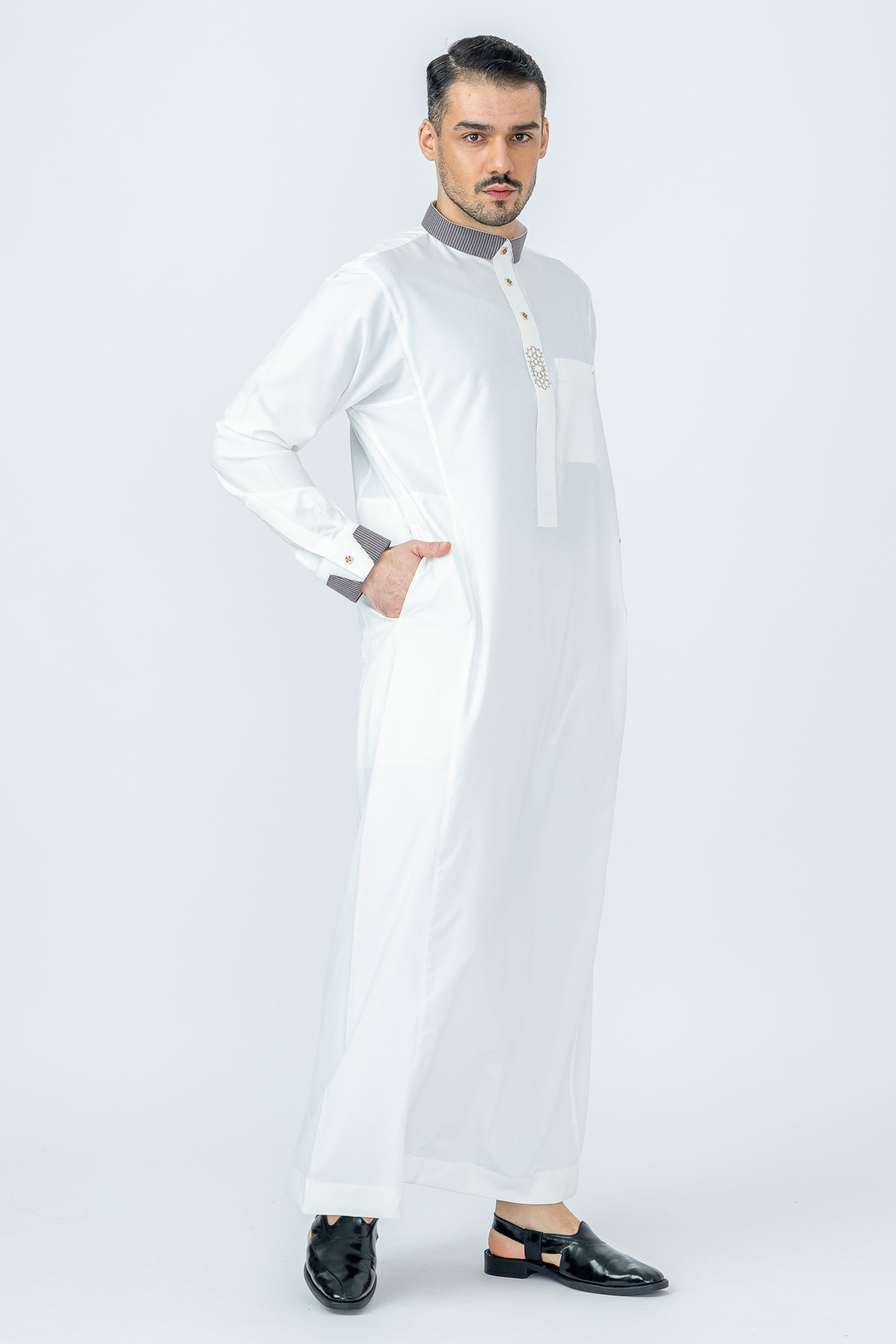 Premium D526 Cream Embroidered Thobe for Men - Traditional Islamic Long Dress for Eid, Wedding & Special Occasions - Comfortable & Elegant Prayer Robe