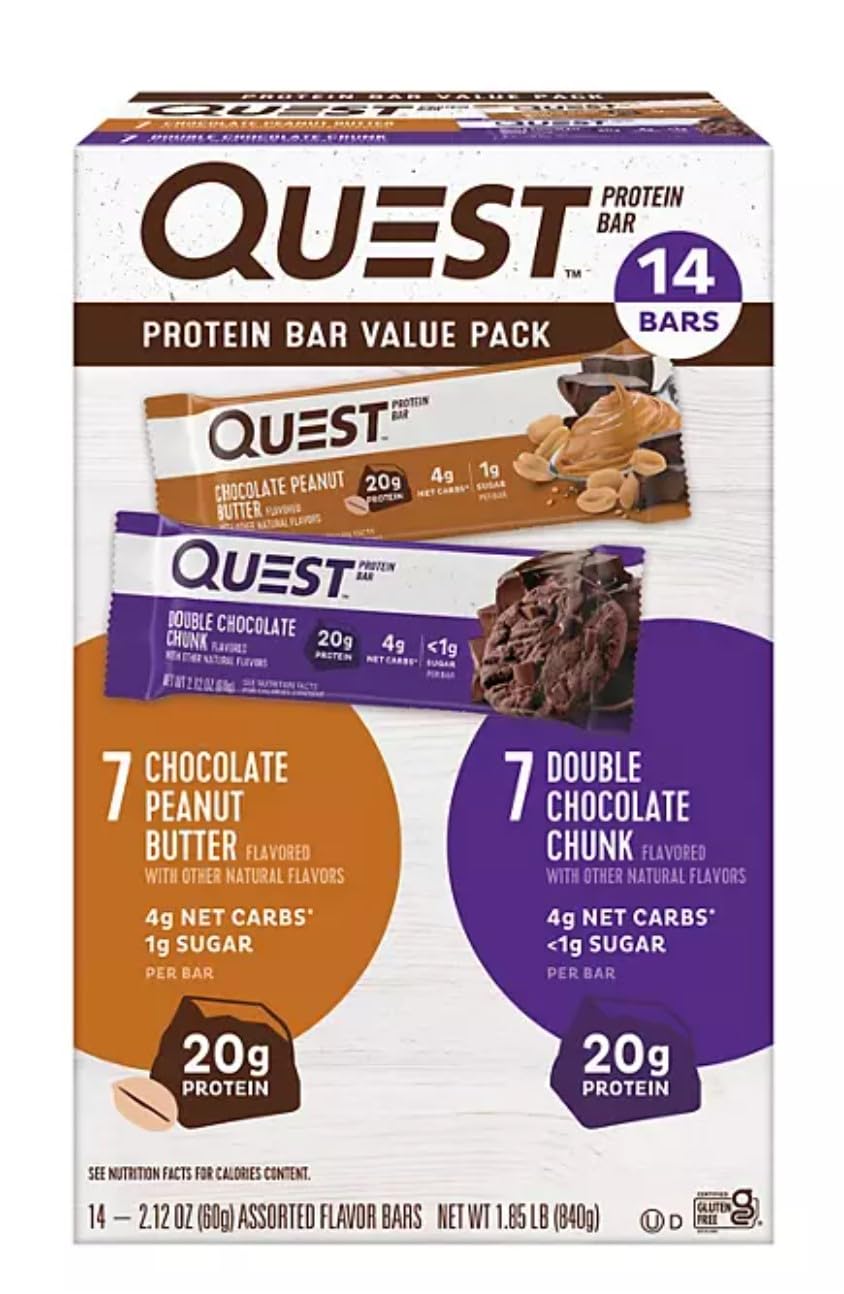 Quest Protein Bar - Value Pack 14 Bars | Chocolate Peanut Butter & Double Chocolate Chunk | 1g Sugar 20g Protein | High Protein Snack for Gym, Hiking & Weight Loss