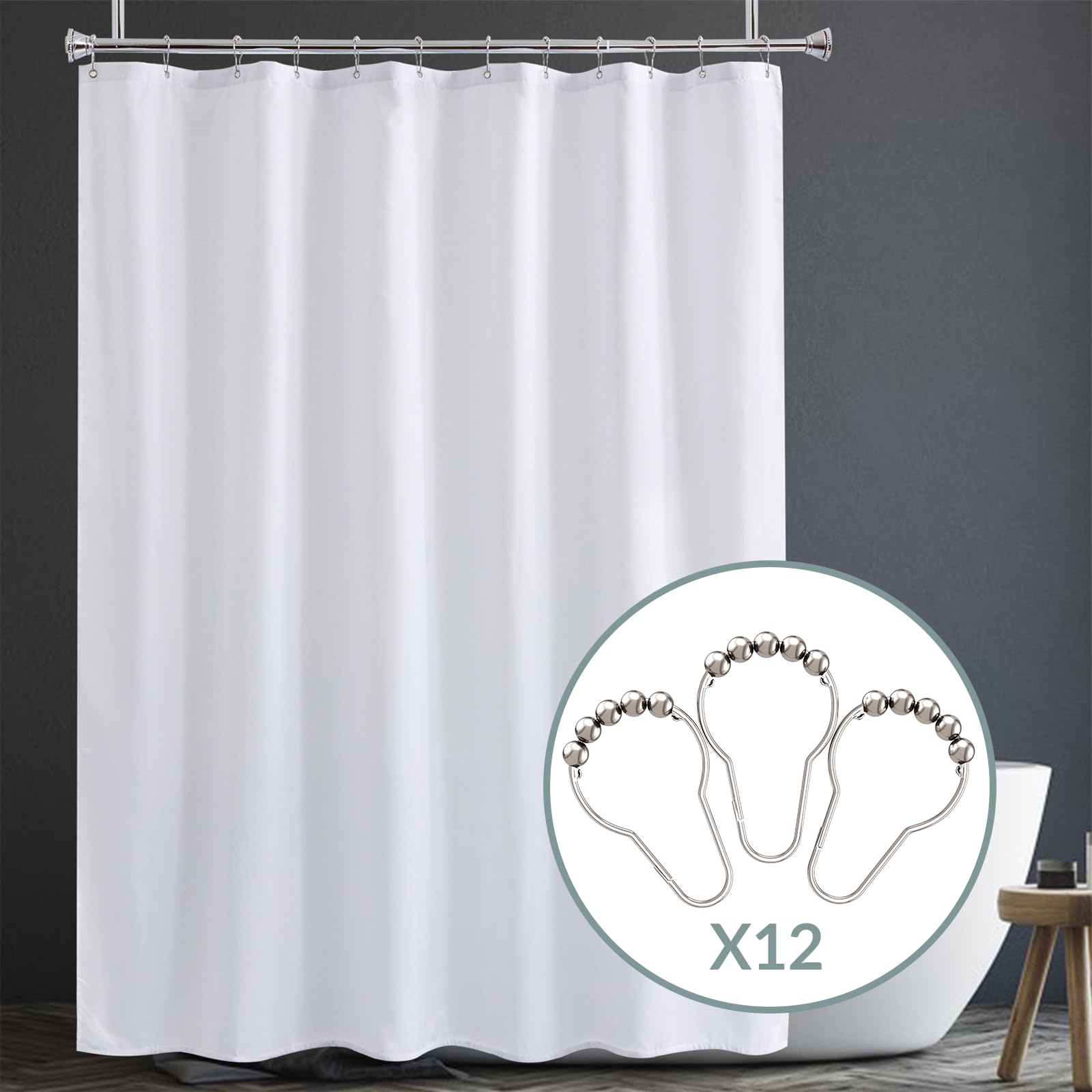 Amazer White Waterproof Shower Curtain Rings & Liner Set - Durable Bathroom Accessories for Shower, Bathtub, and Spa Decor