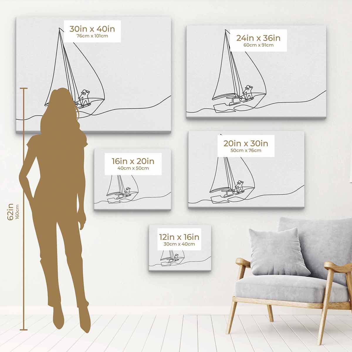 Black Sailboat Wall Art Canvas Print - 16x28 Inches Nautical Decor for Living Room, Bedroom & Office - Perfect Coastal Theme Home Decoration