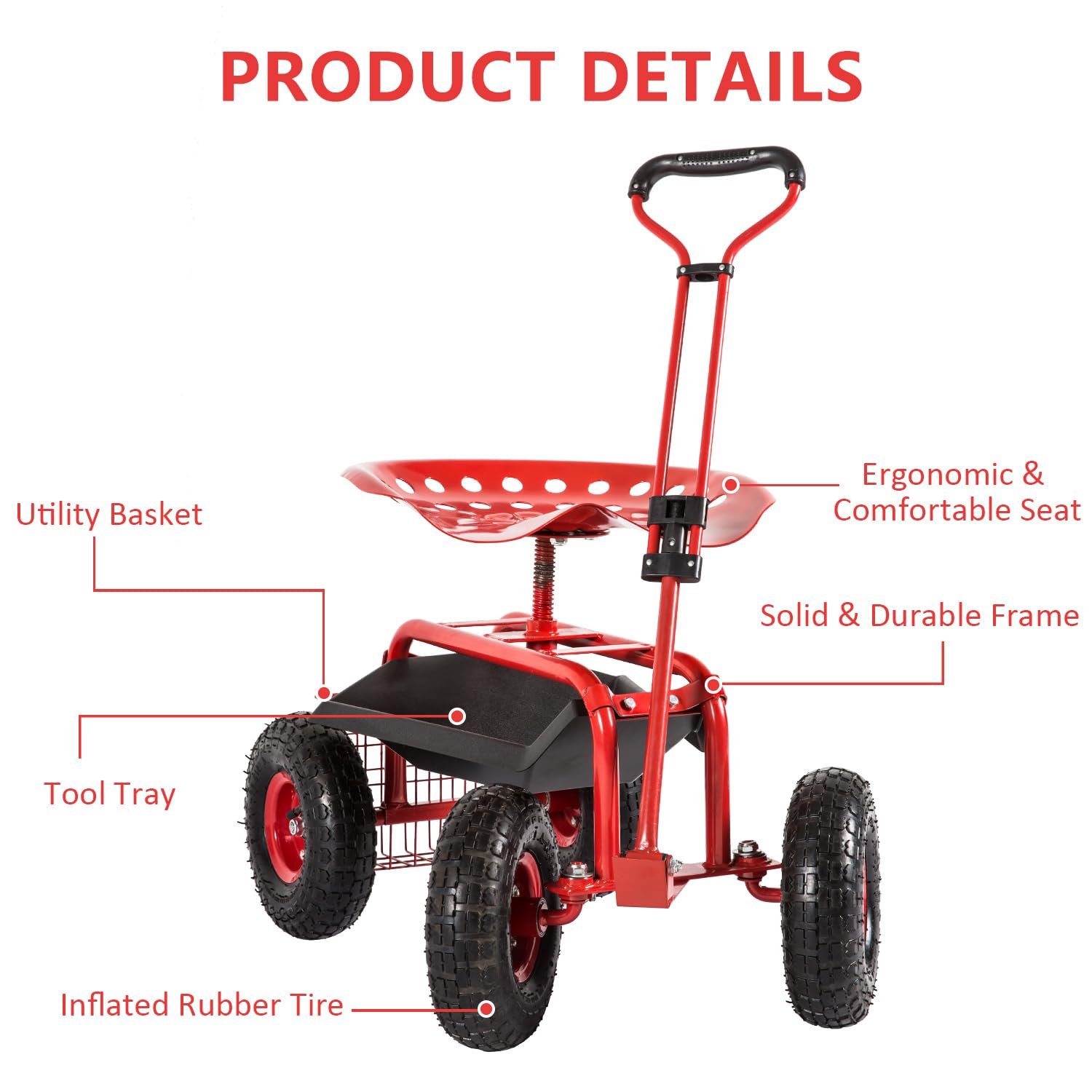 **360° Swivel Rolling Garden Seat with Wheels - Adjustable Garden Cart with Tool Tray & Storage Basket, Red - Perfect for Gardening, Landscaping & Outdoor Work**